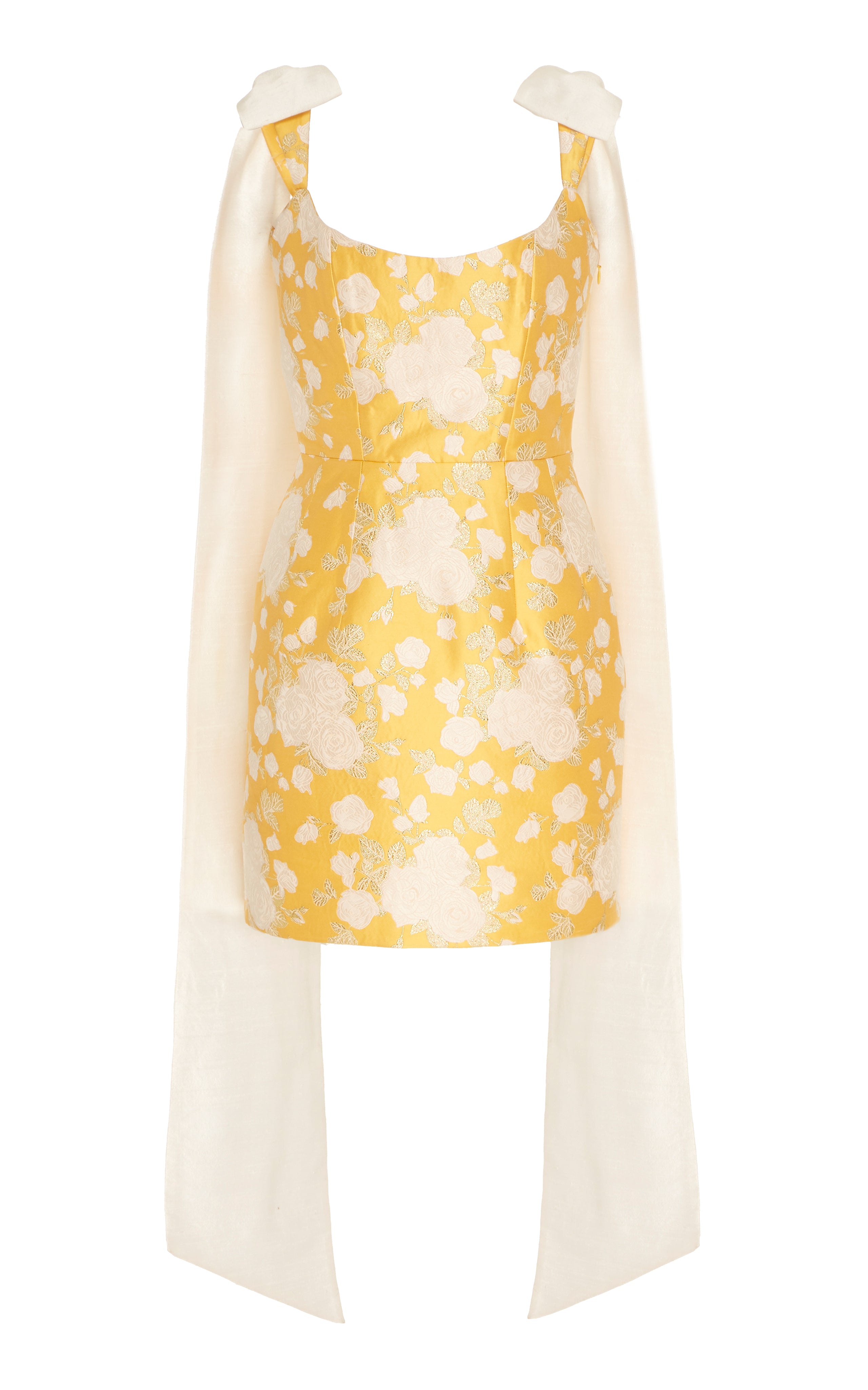Celestia Yellow Floral Brocade Mini Dress