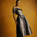 Cimarron Metallic Damask Jacquard Off-the-Shoulder Midi Dress