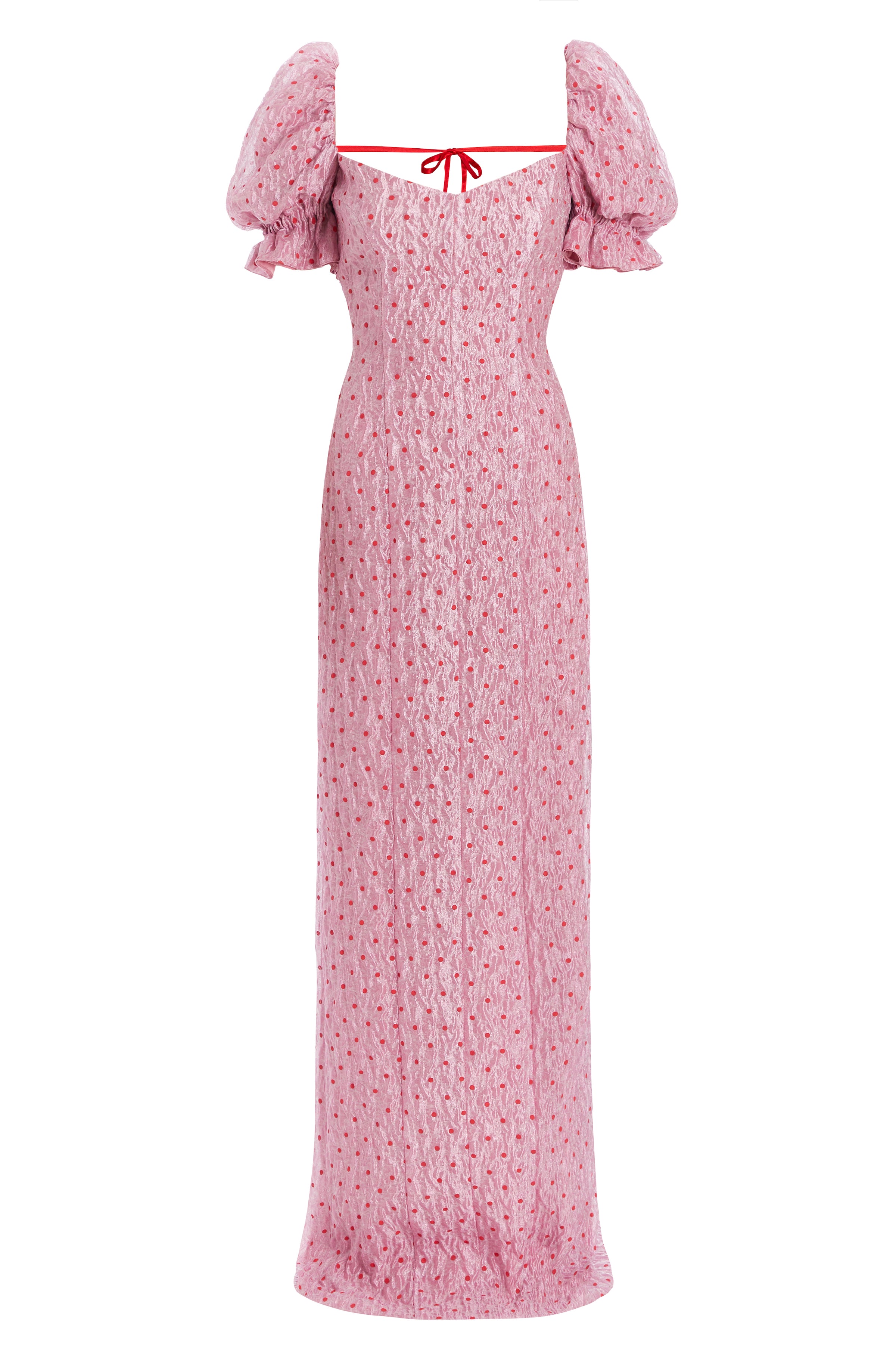 Raffaella Pink and Red Dot Puff Sleeve Column Gown