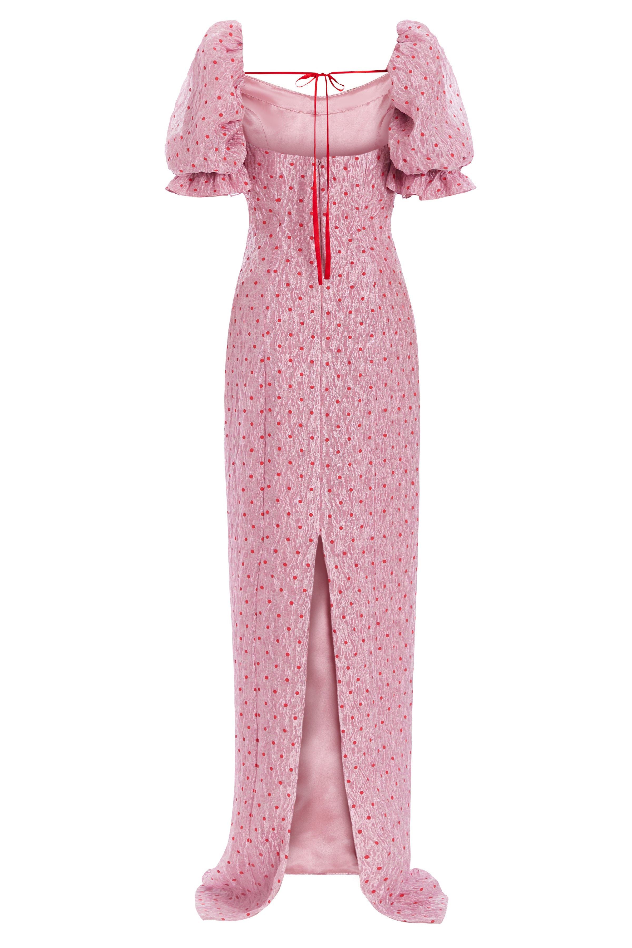 Raffaella Pink and Red Dot Puff Sleeve Column Gown