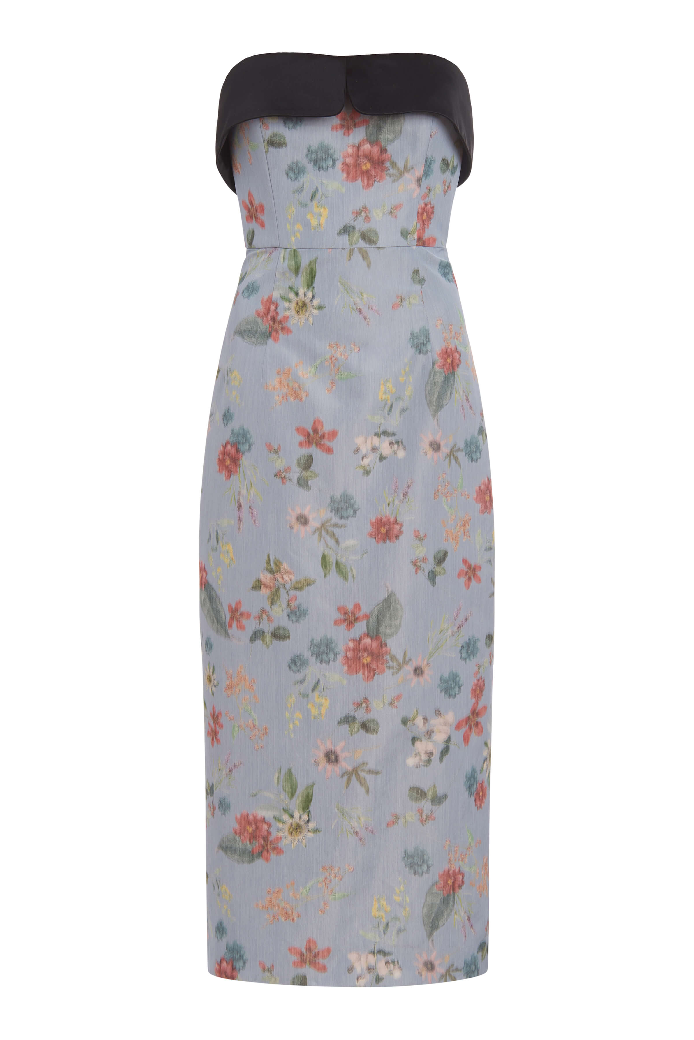Alondra Strapless Dusty Blue Floral Ikat Column Dress With Contrasting Neckline