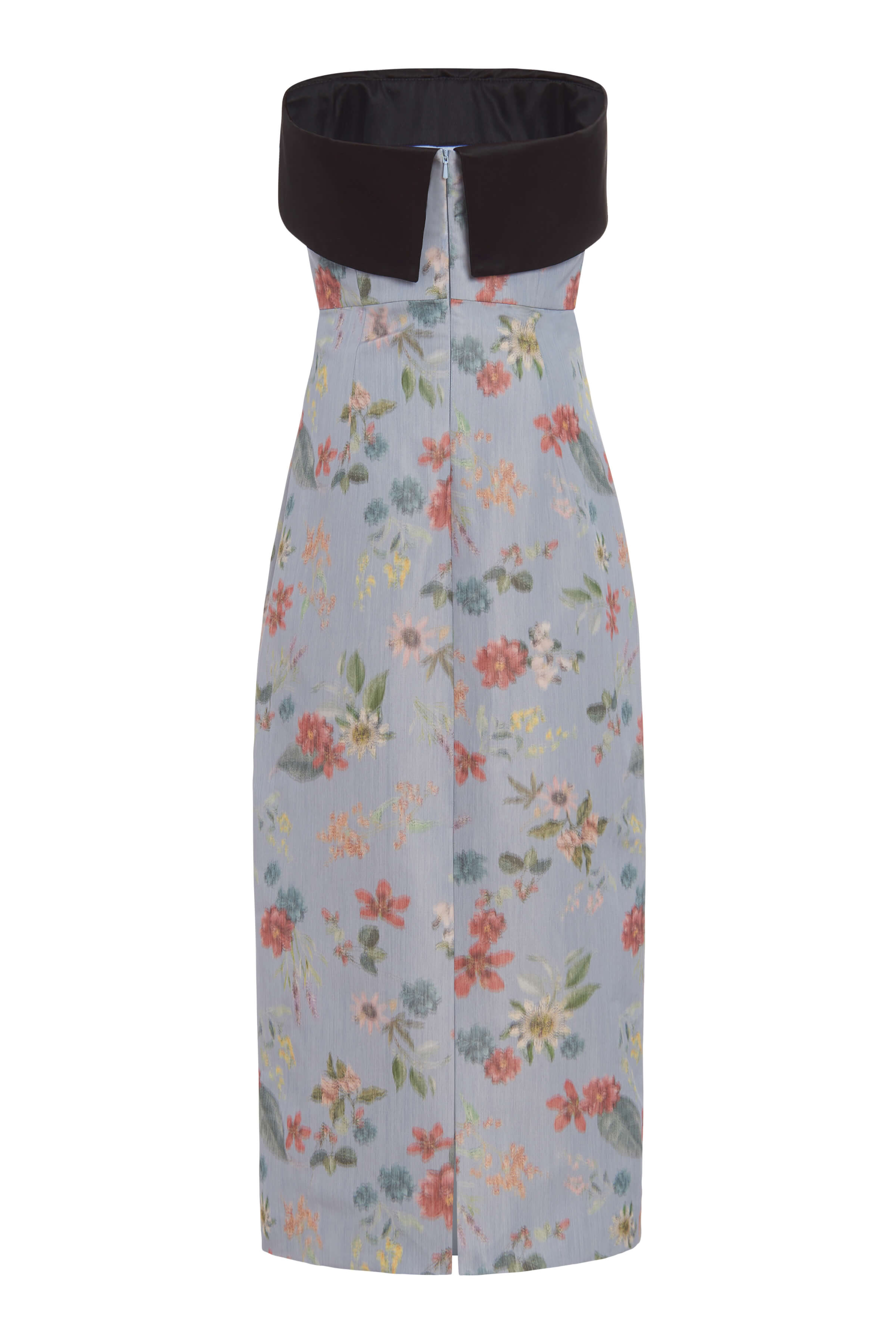 Alondra Strapless Dusty Blue Floral Ikat Column Dress With Contrasting Neckline
