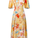 Sarah Yellow Printed Satin Midi Dress