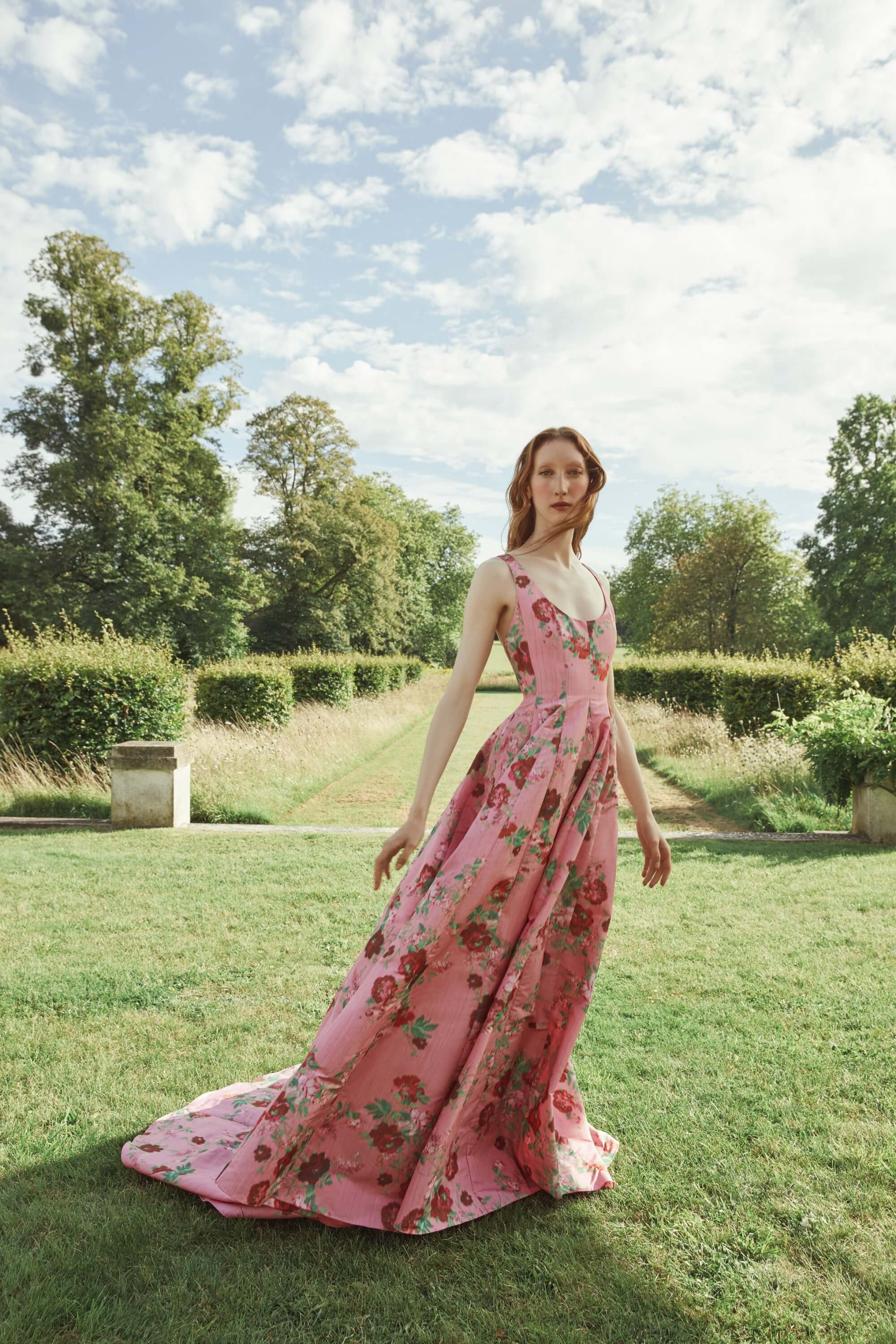 Botticelli Pink Floral Ikat Paneled Gown