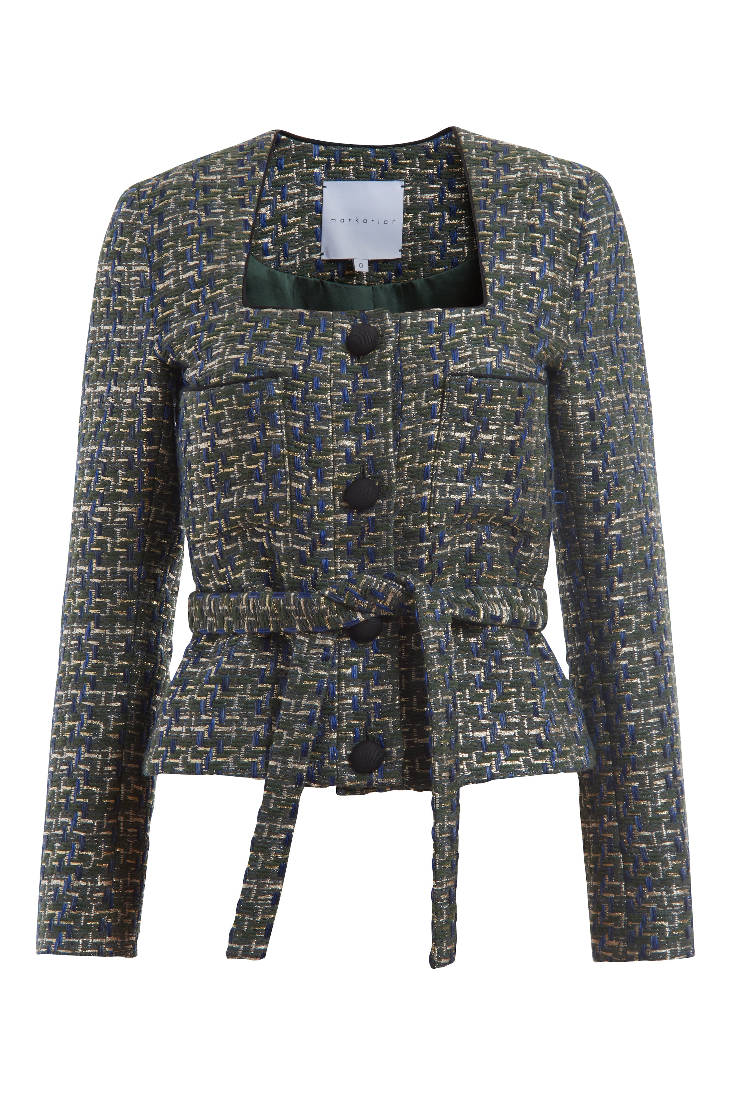 Chital Green, Blue, And Gold Tweed Trapezoid Neckline Jacket With Belt