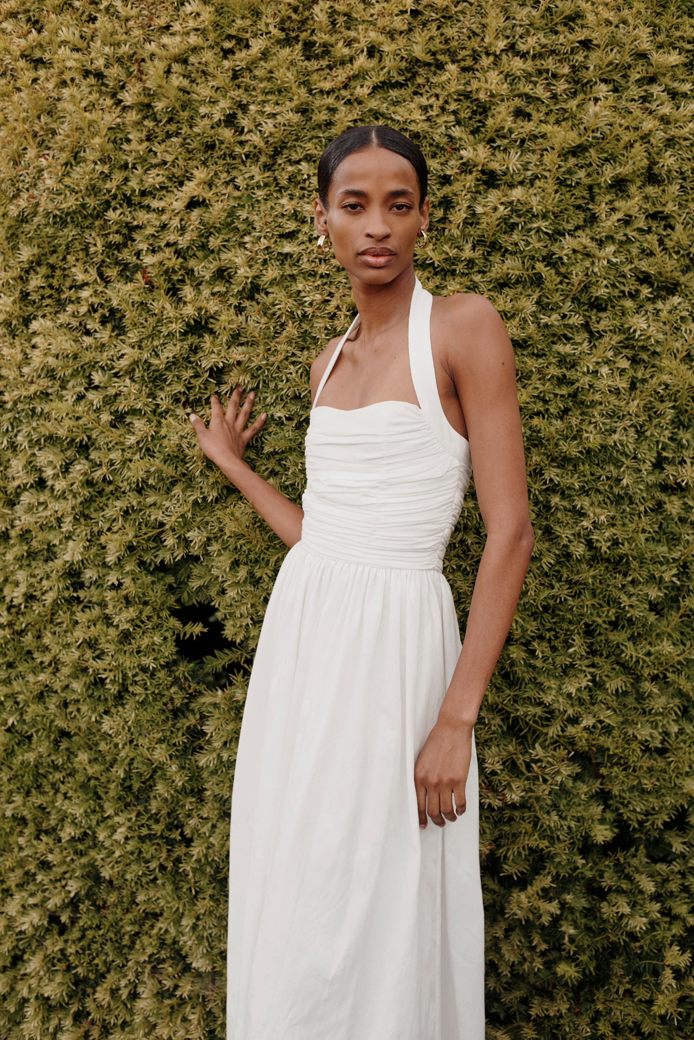 Leia Off-White Ruched Halter Midi Dress