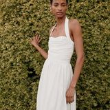 Leia Off-White Ruched Halter Midi Dress