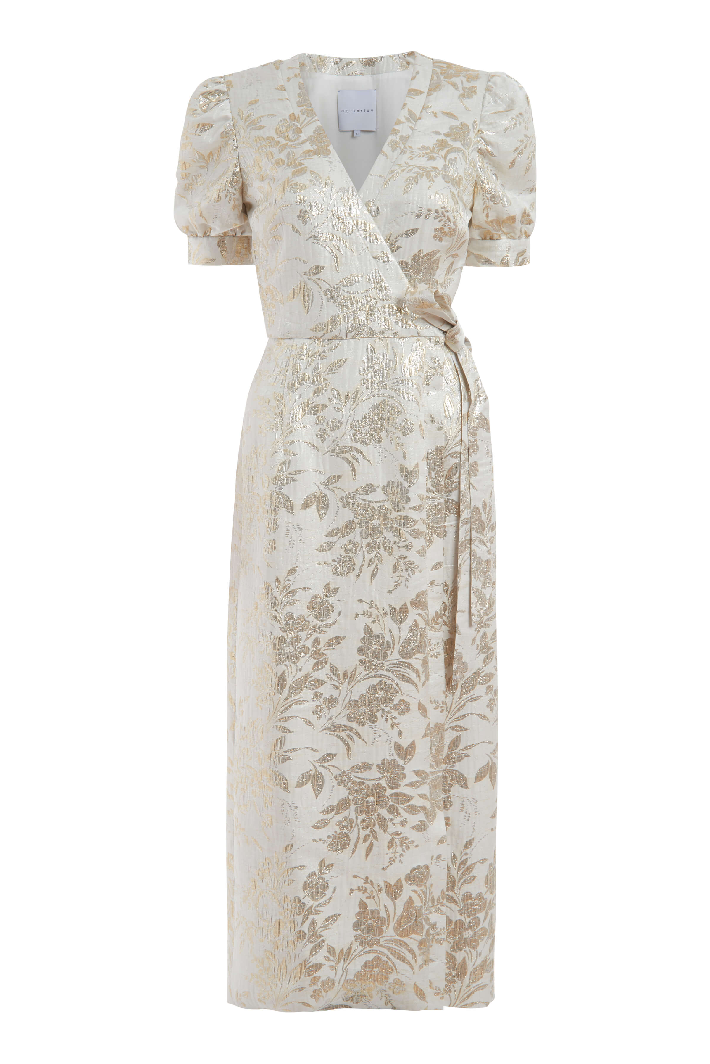Marni Off White Metallic Floral Jacquard Short Sleeve Midi Wrap Dress