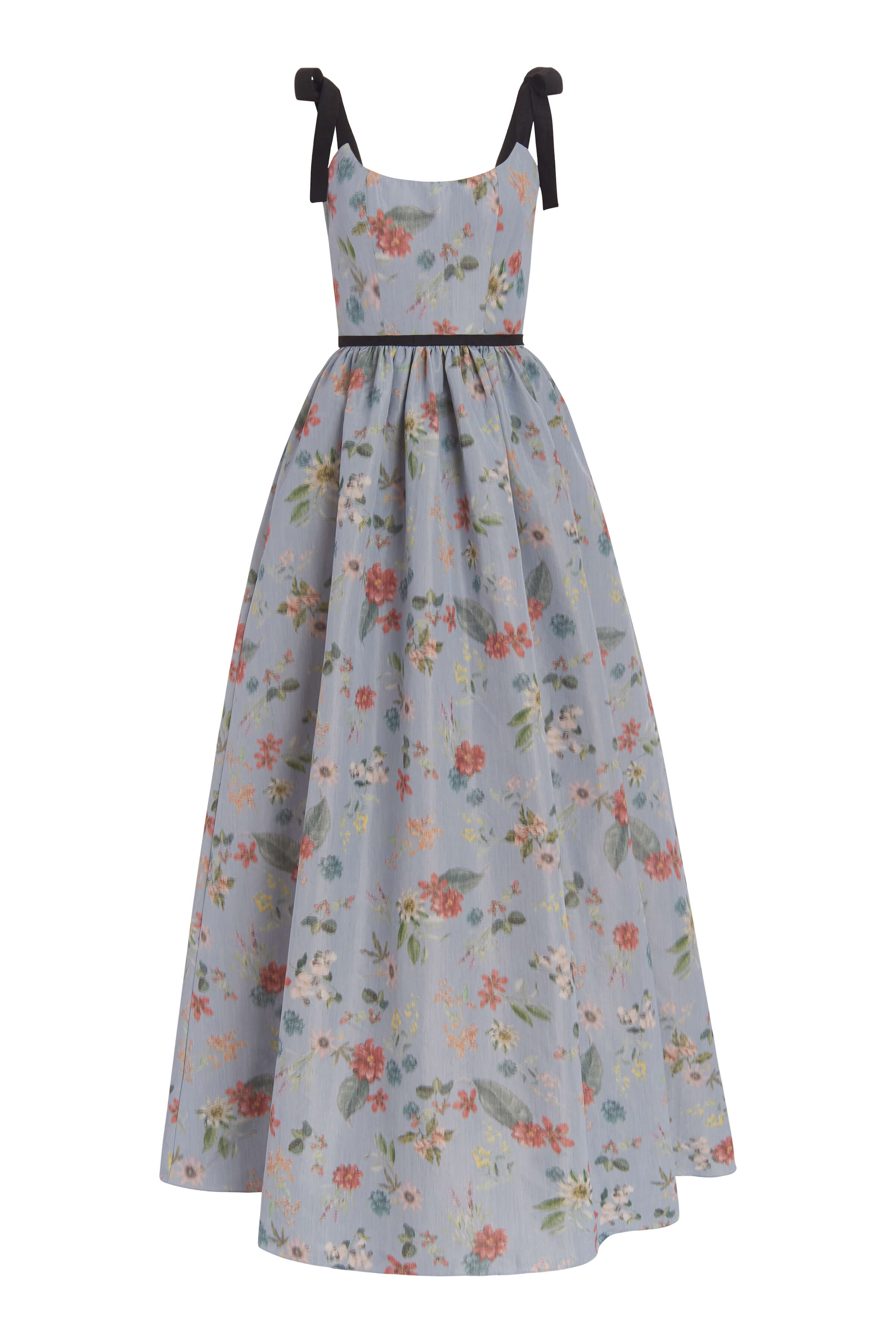 Tatiana Blue Floral Ikat Tie Strap Full Skirt Corset Gown With Belt Detail