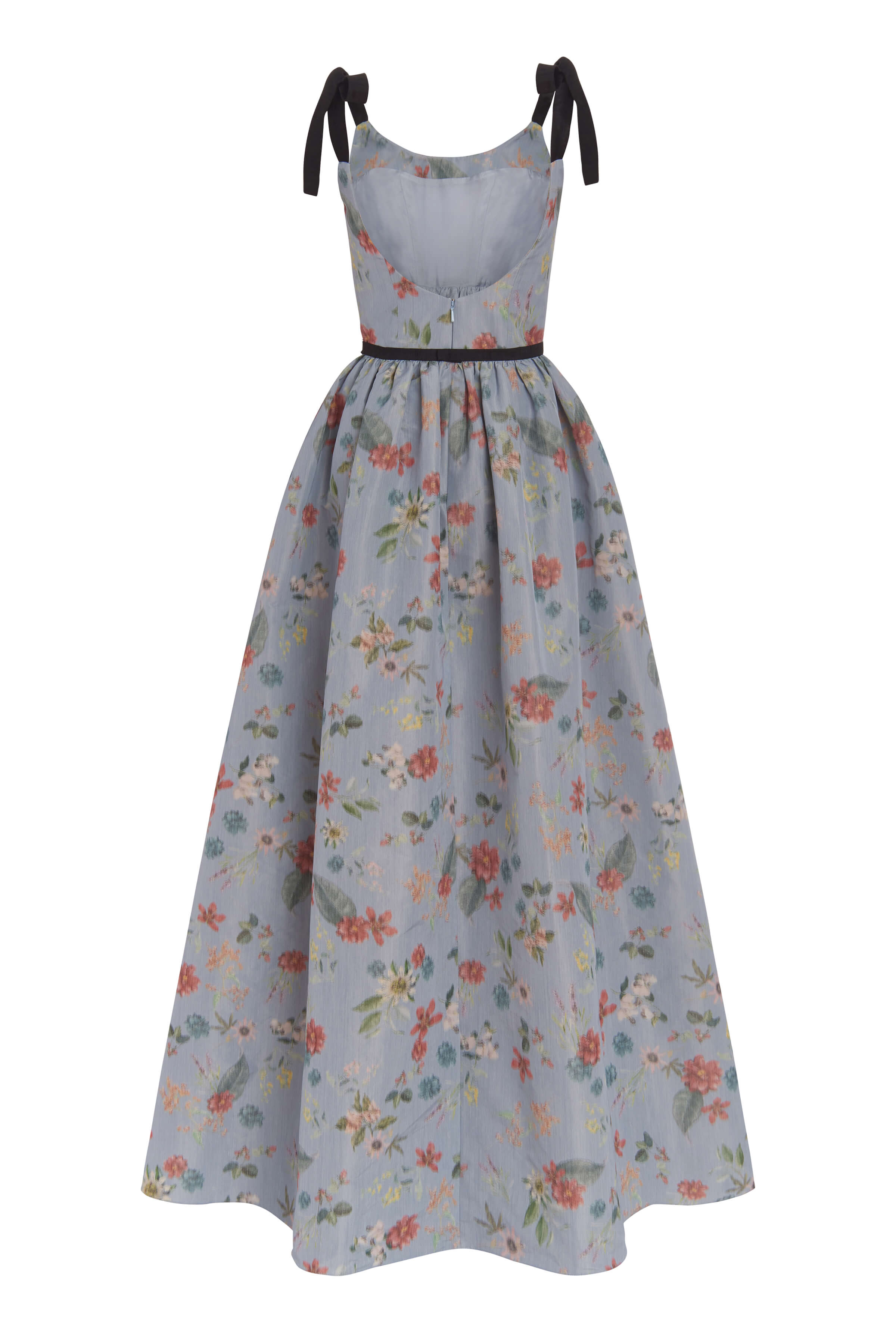 Tatiana Blue Floral Ikat Tie Strap Full Skirt Corset Gown With Belt Detail