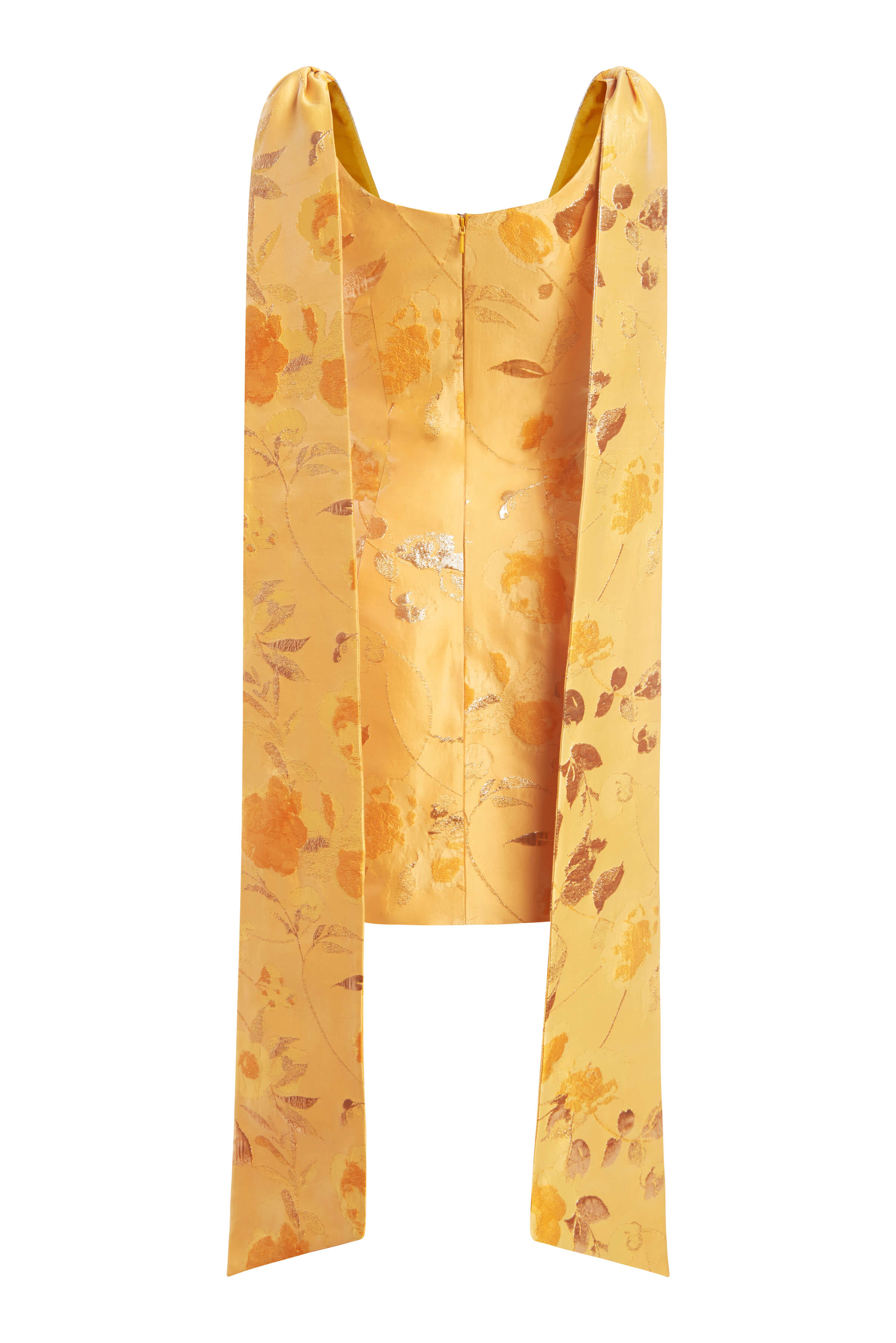 Gita Gold Floral Brocade Scoop Neck Mini Dress With Bow Shoulder Trains