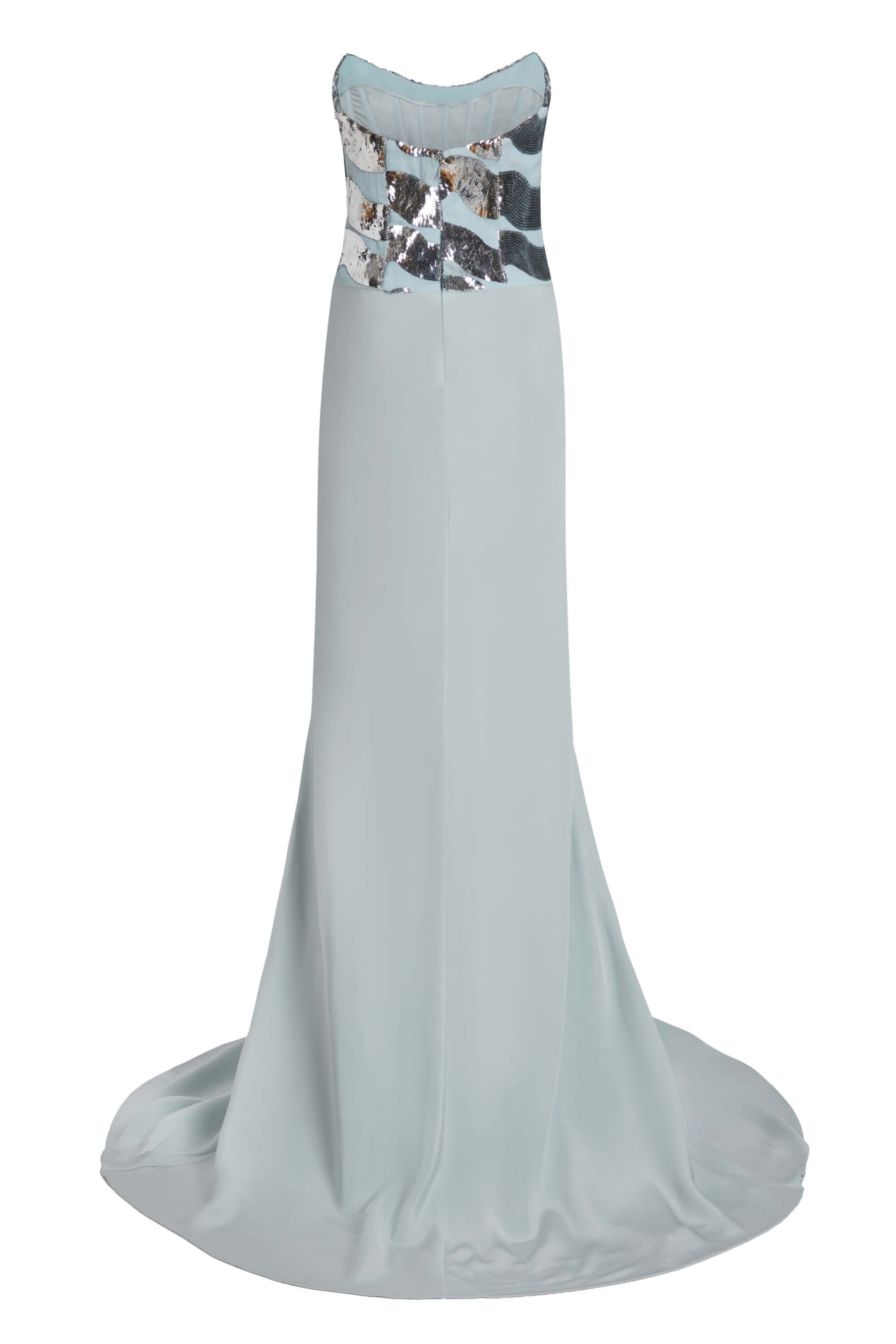 Delfina Light Blue and Silver Sequin Wave Strapless Gown