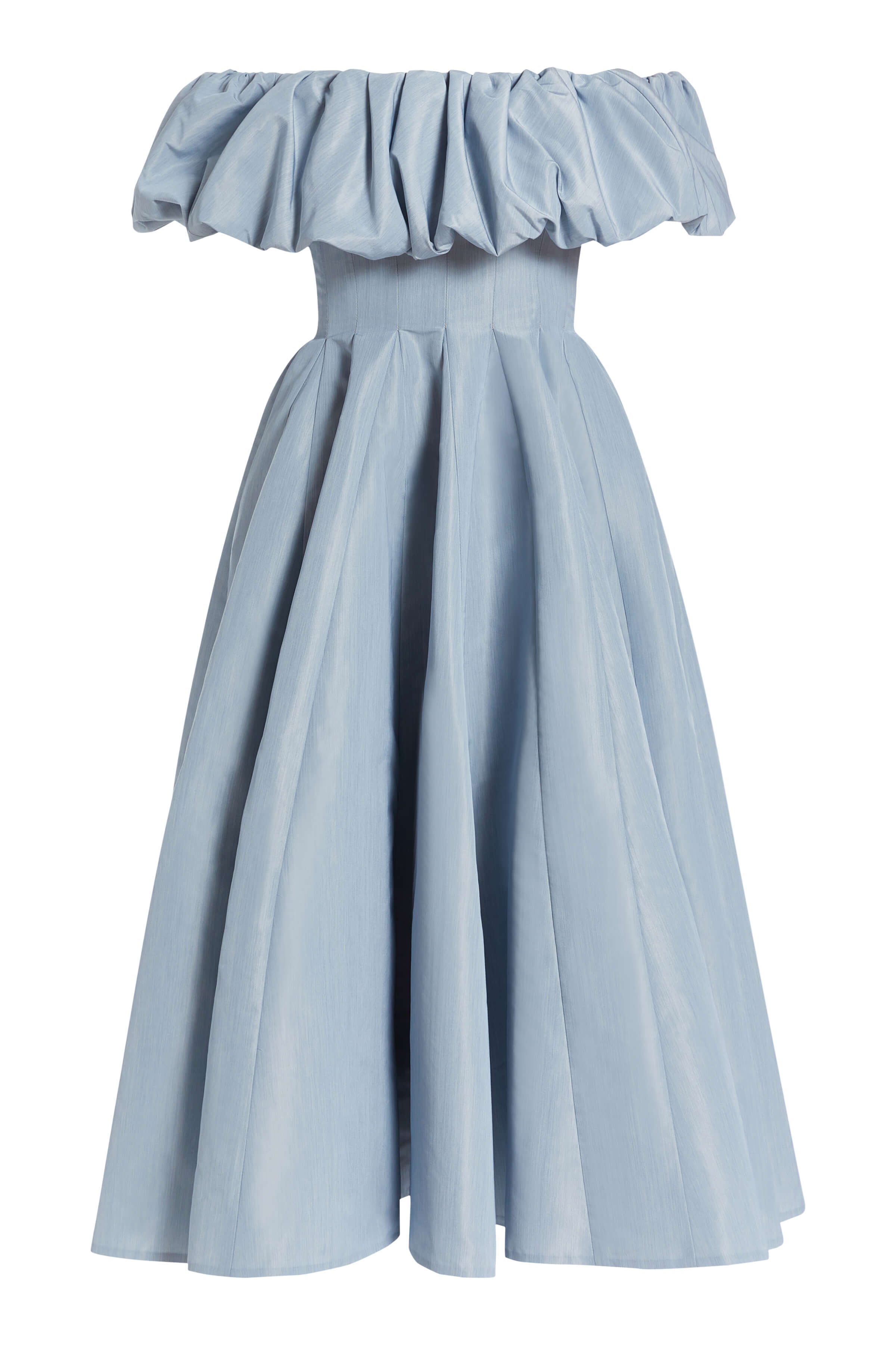 Marlowe Blue Taffeta Ruffled Off-The-Shoulder Midi Dress