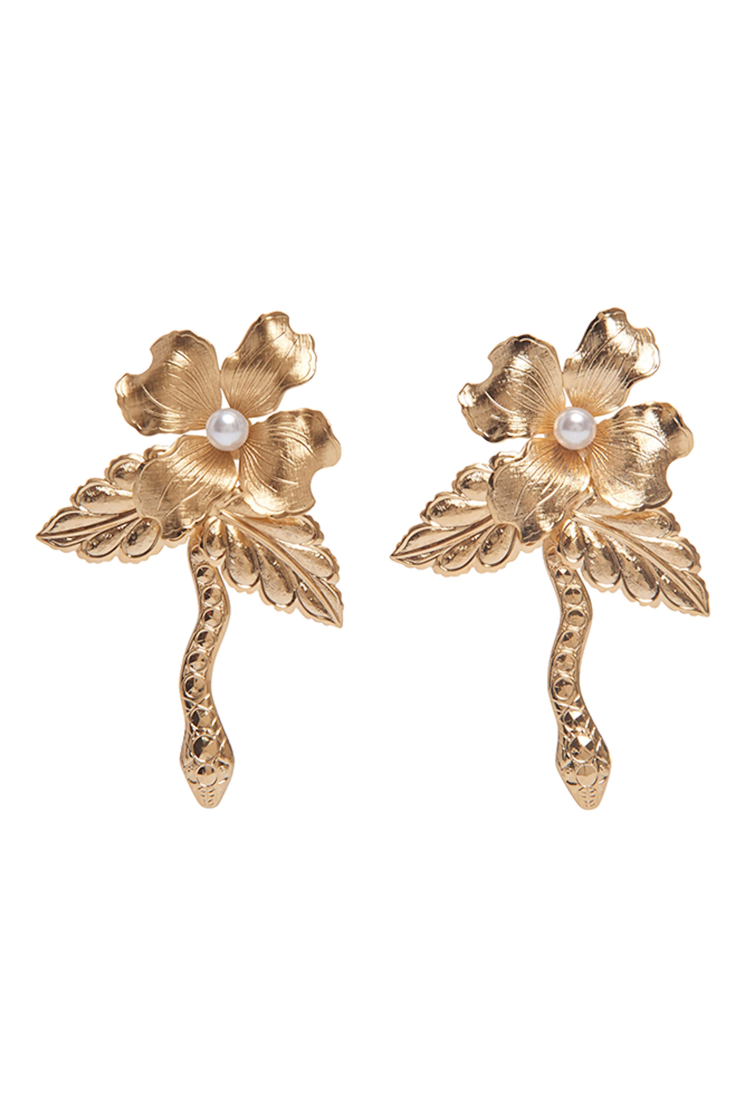 FINAL SALE: Dyonisia Gold Pearl Detail Floral Snake Earrings