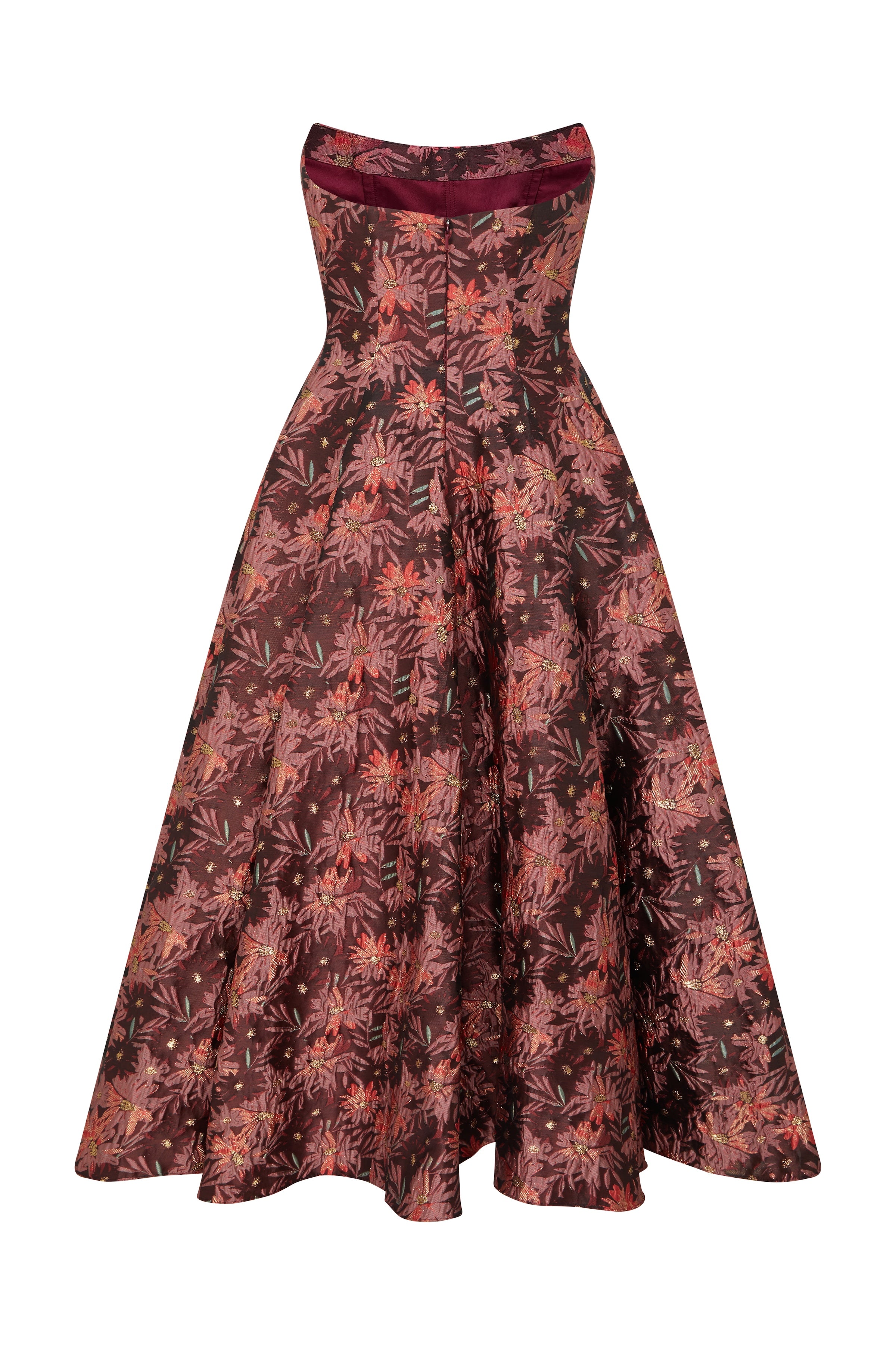 Rousseau Burgundy Floral Brocade Midi Dress