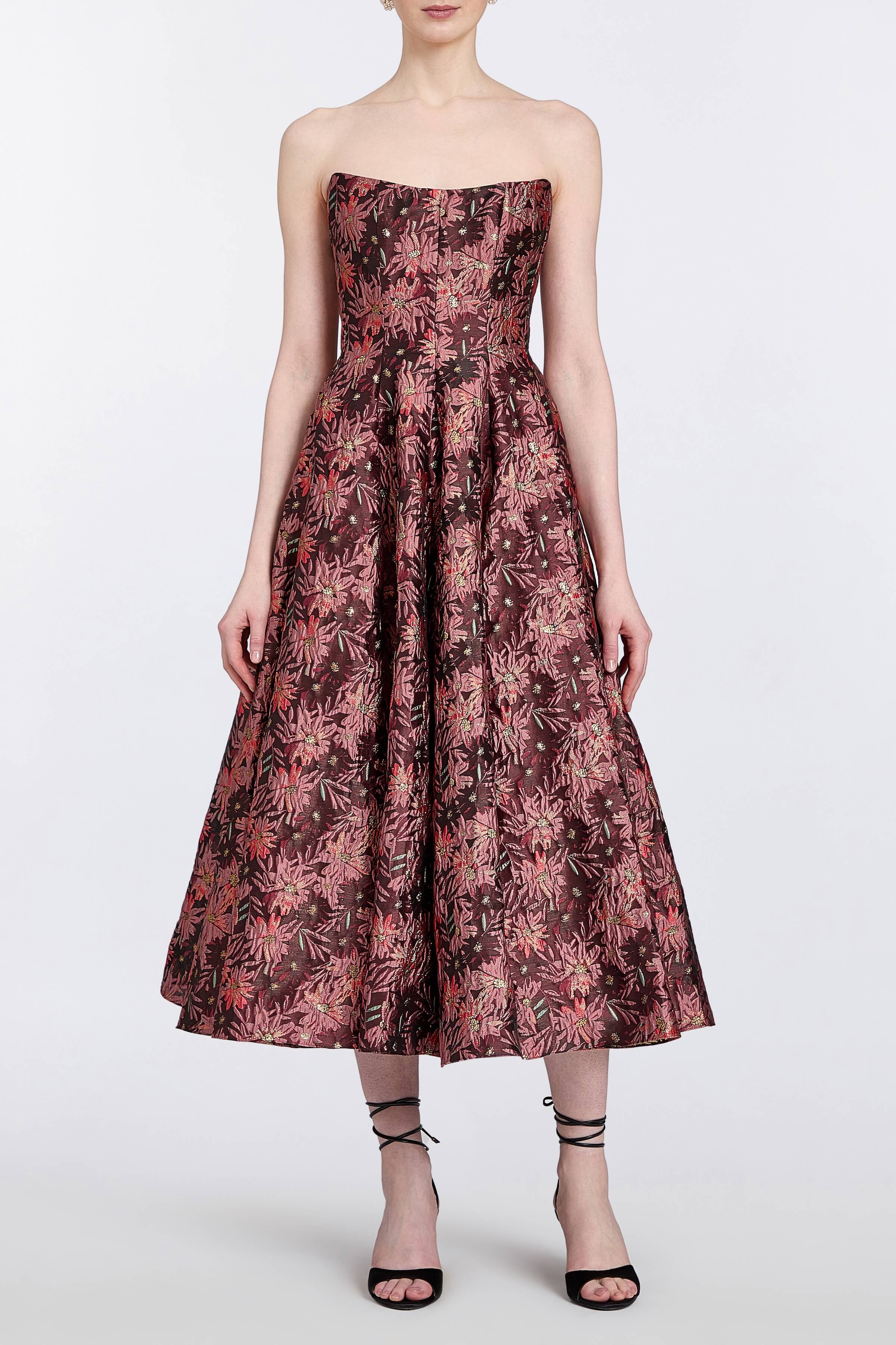 Rousseau Burgundy Floral Brocade Midi Dress