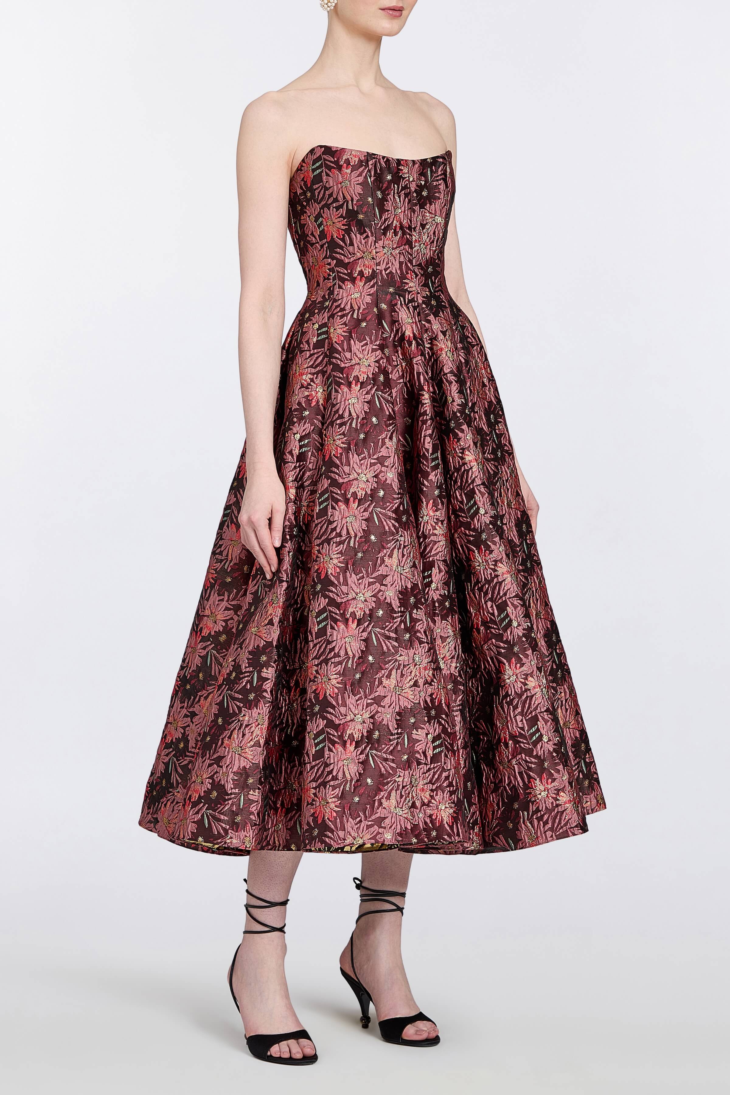 Rousseau Burgundy Floral Brocade Midi Dress