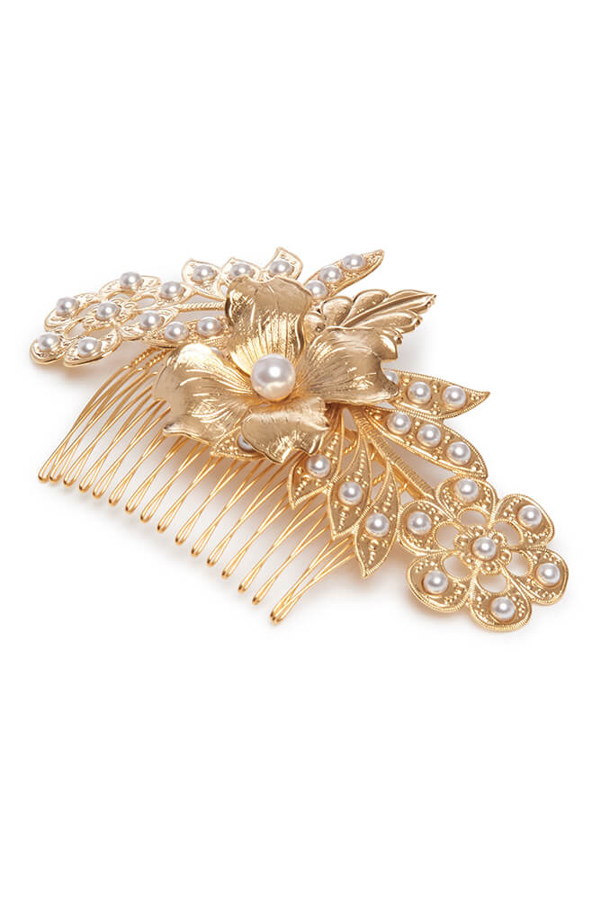 FINAL SALE: Neri Gold Pearl Detail Floral Hair Comb