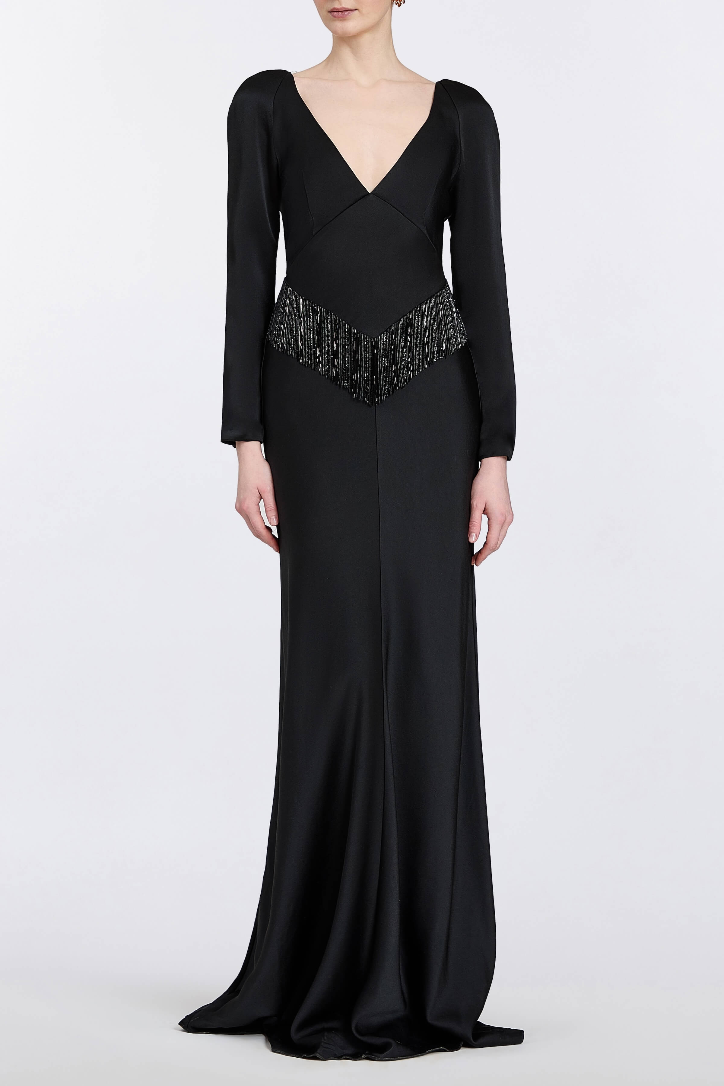 Della Long Sleeve Fringe Gown