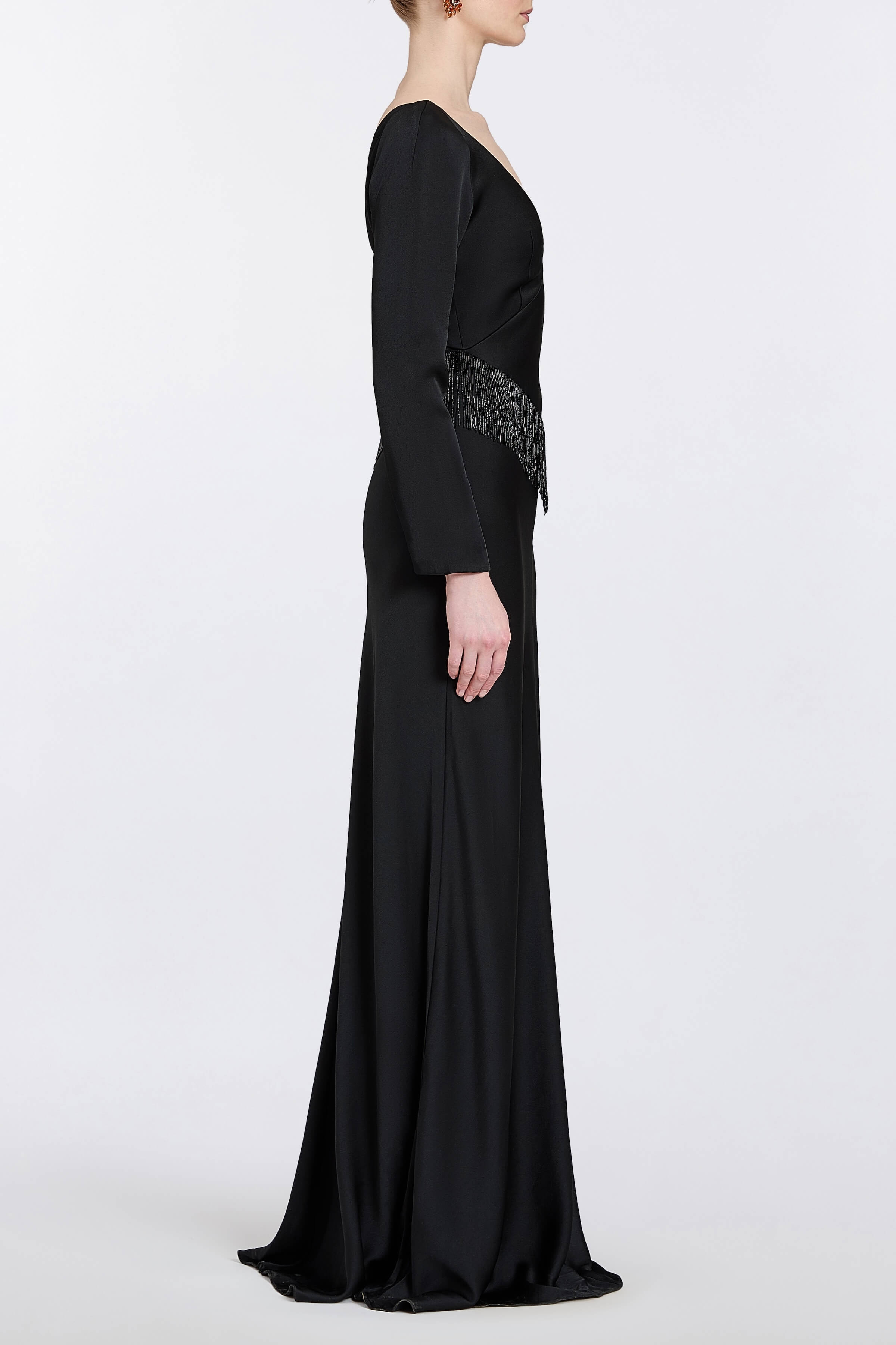 Della Long Sleeve Fringe Gown