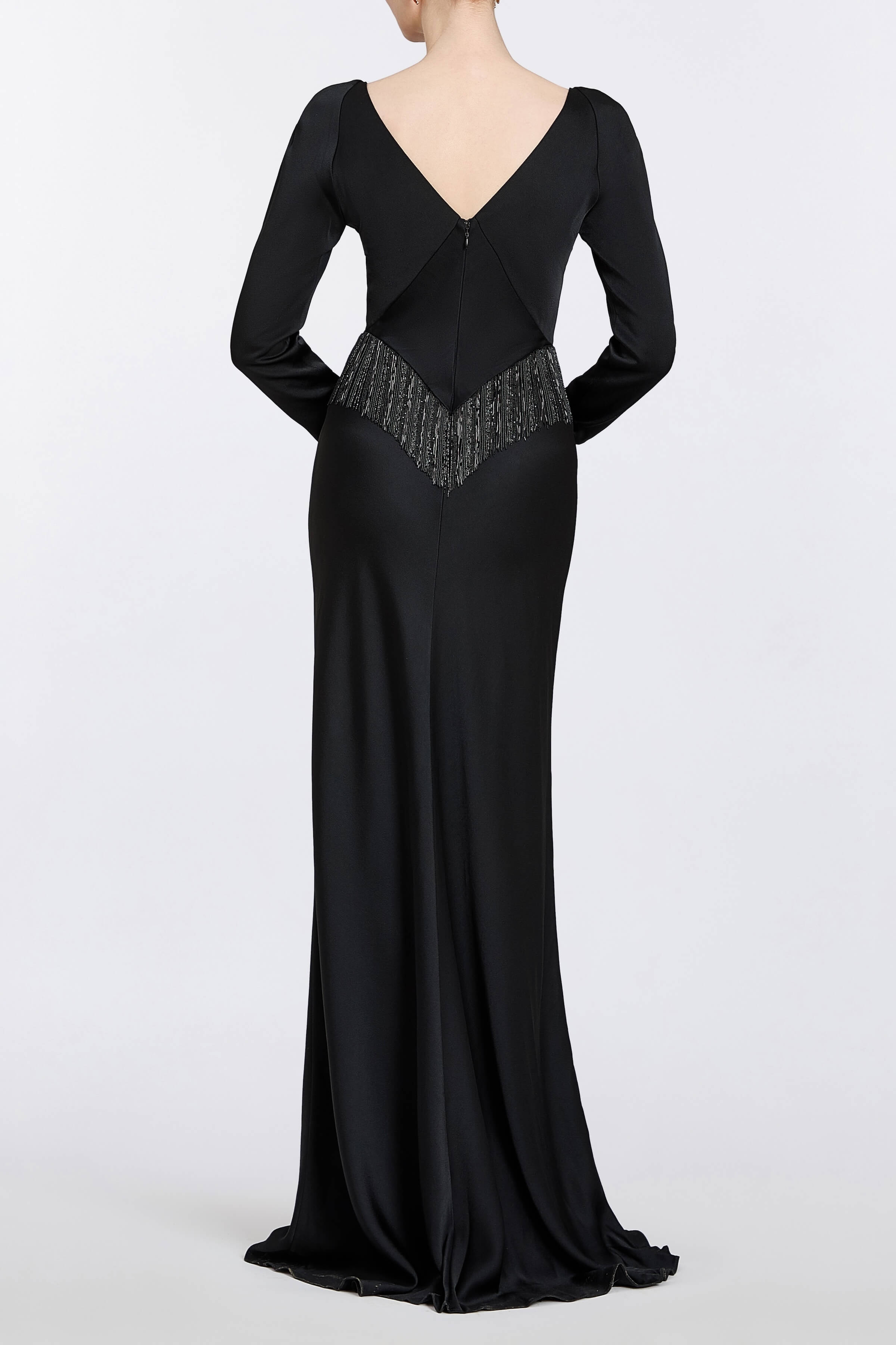 Della Long Sleeve Fringe Gown