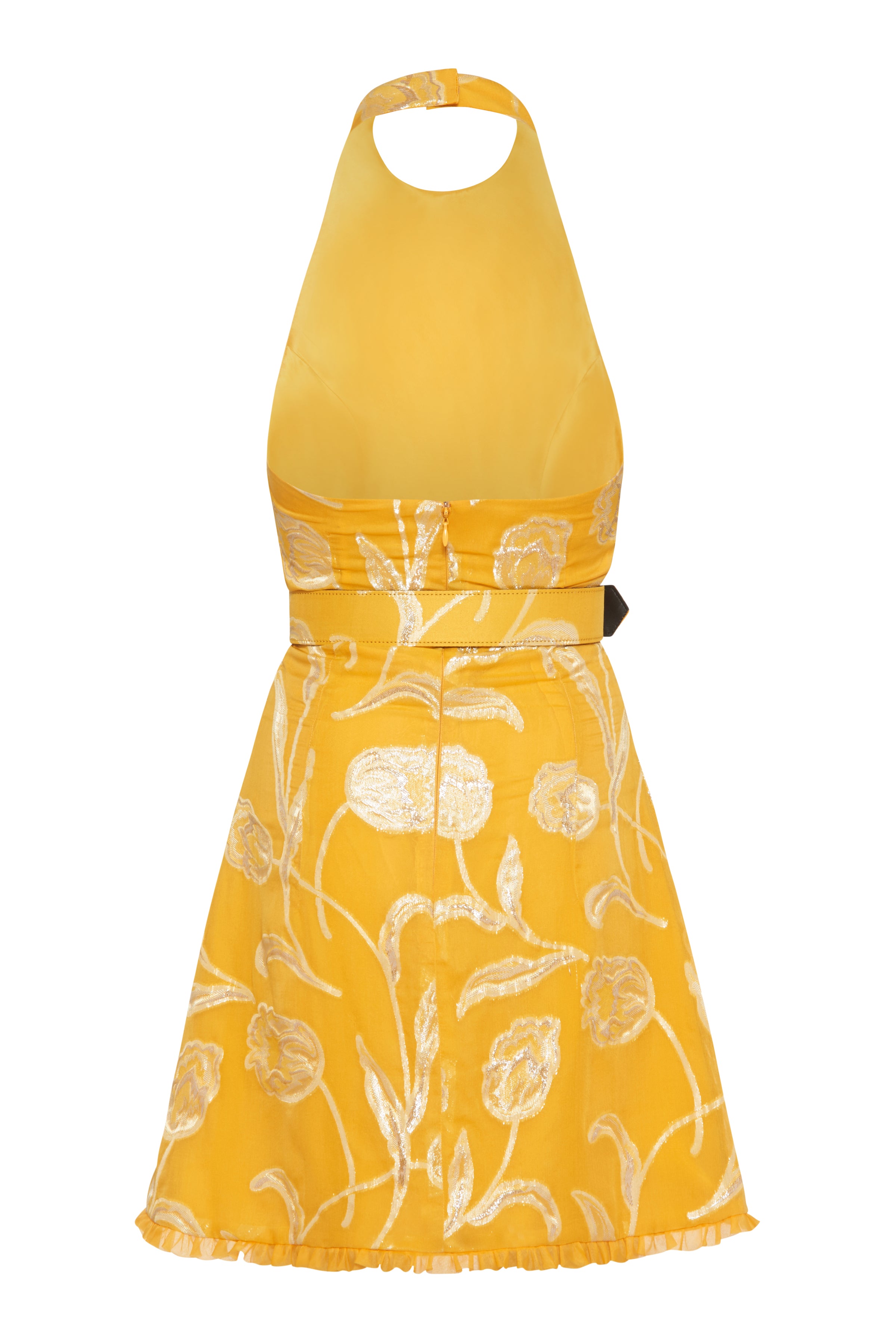 Agave Yellow Floral Halter Mini Dress With Belt