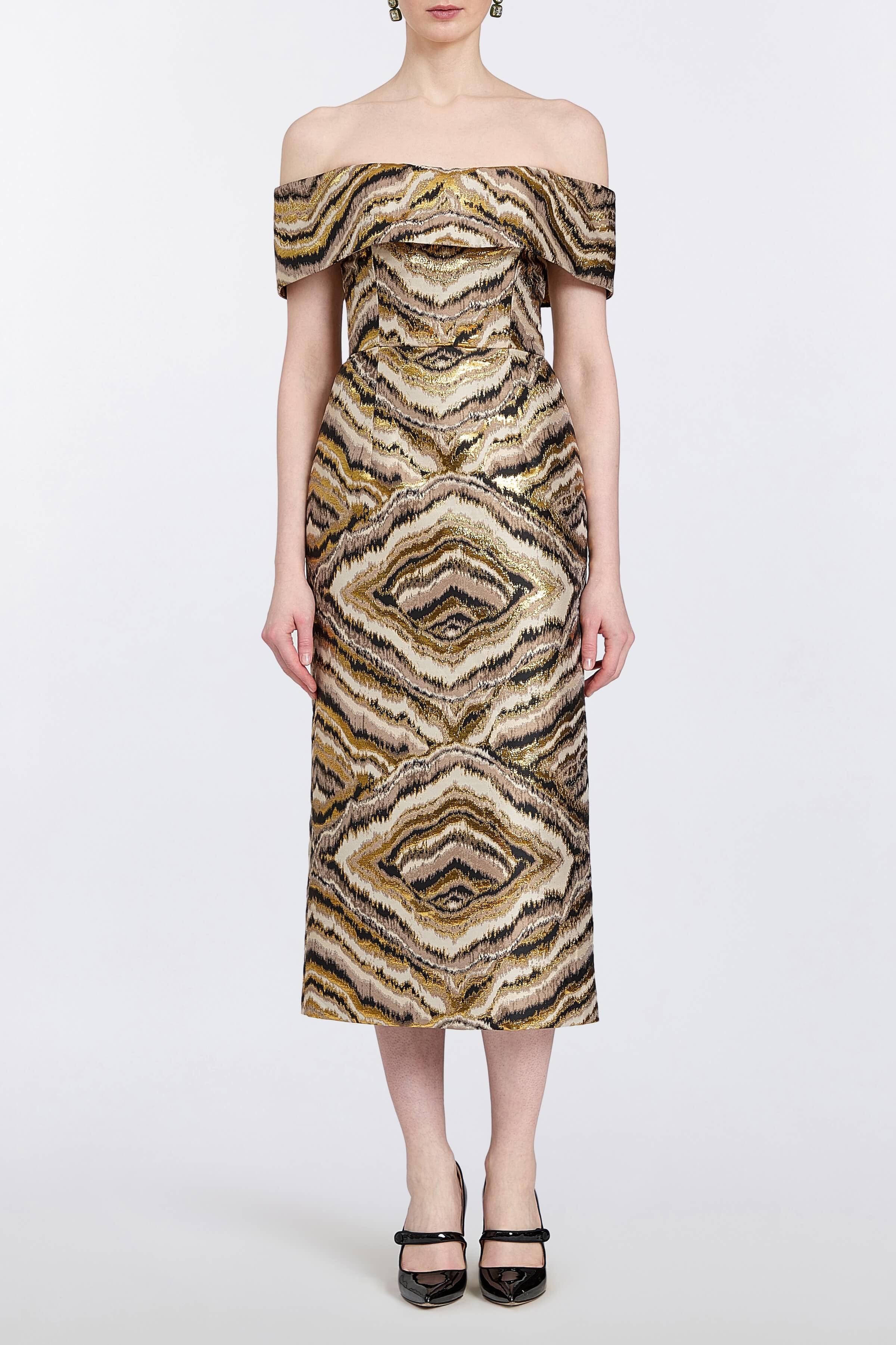 Gloria Metallic Jacquard Off-The-Shoulder Dress