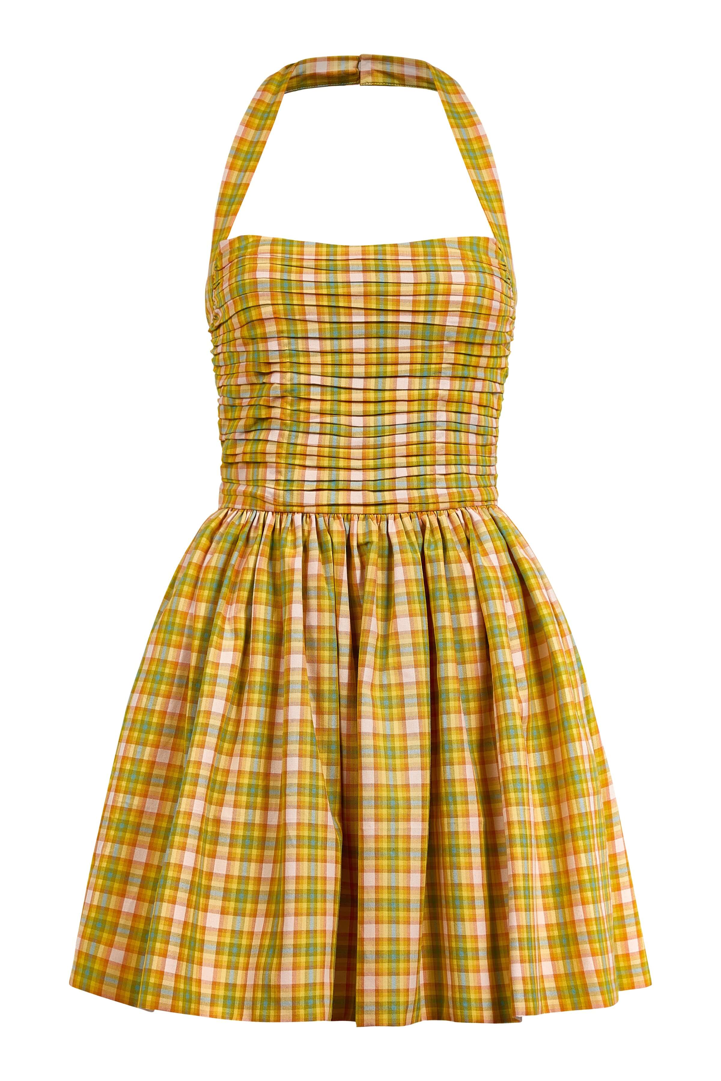 Briar Saffron Plaid Cotton Ruched Bodice Mini Dress
