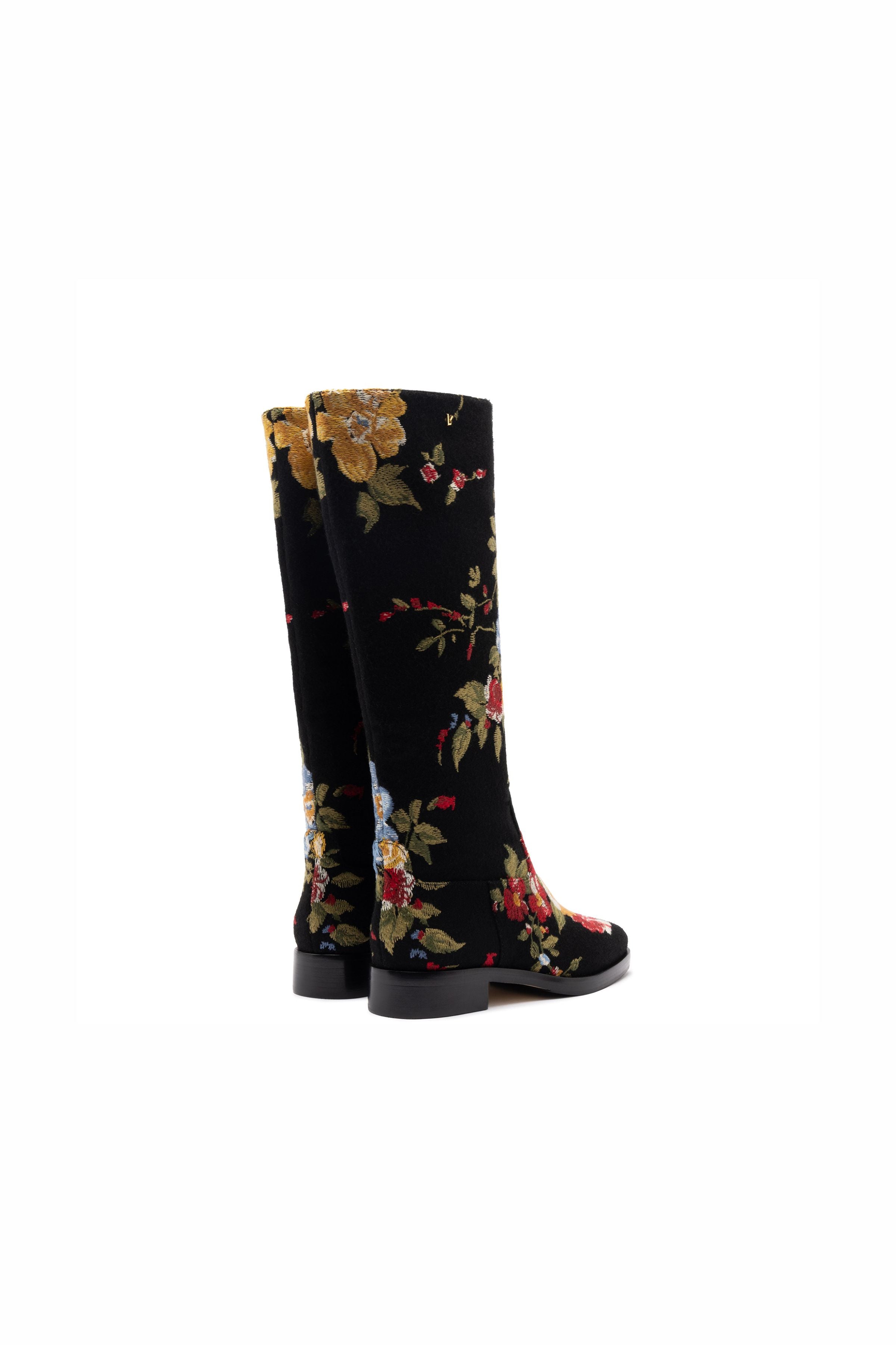 Larroudé x Markarian Flat Boot In Black Wool and Floral Embroidery