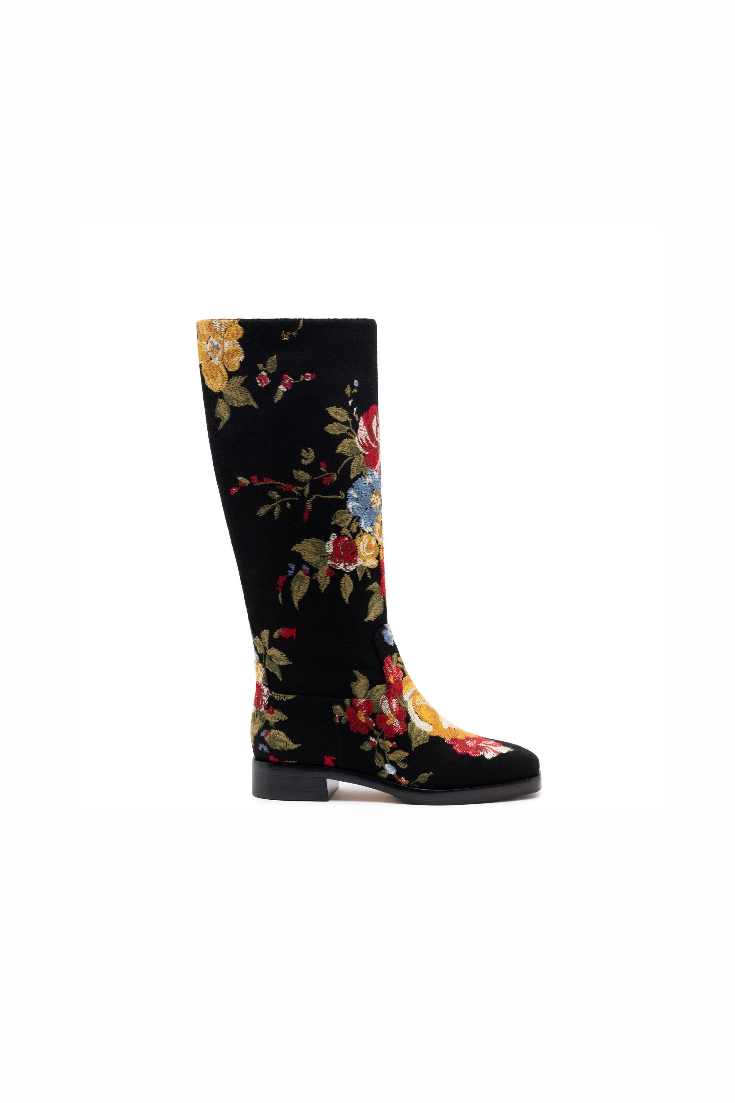 Larroudé x Markarian Flat Boot In Black Wool and Floral Embroidery