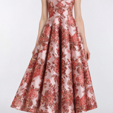 Rousseau Pink Metallic Floral Strapless Midi Dress