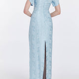 Dahlia Blue Floral Jacquard Gown