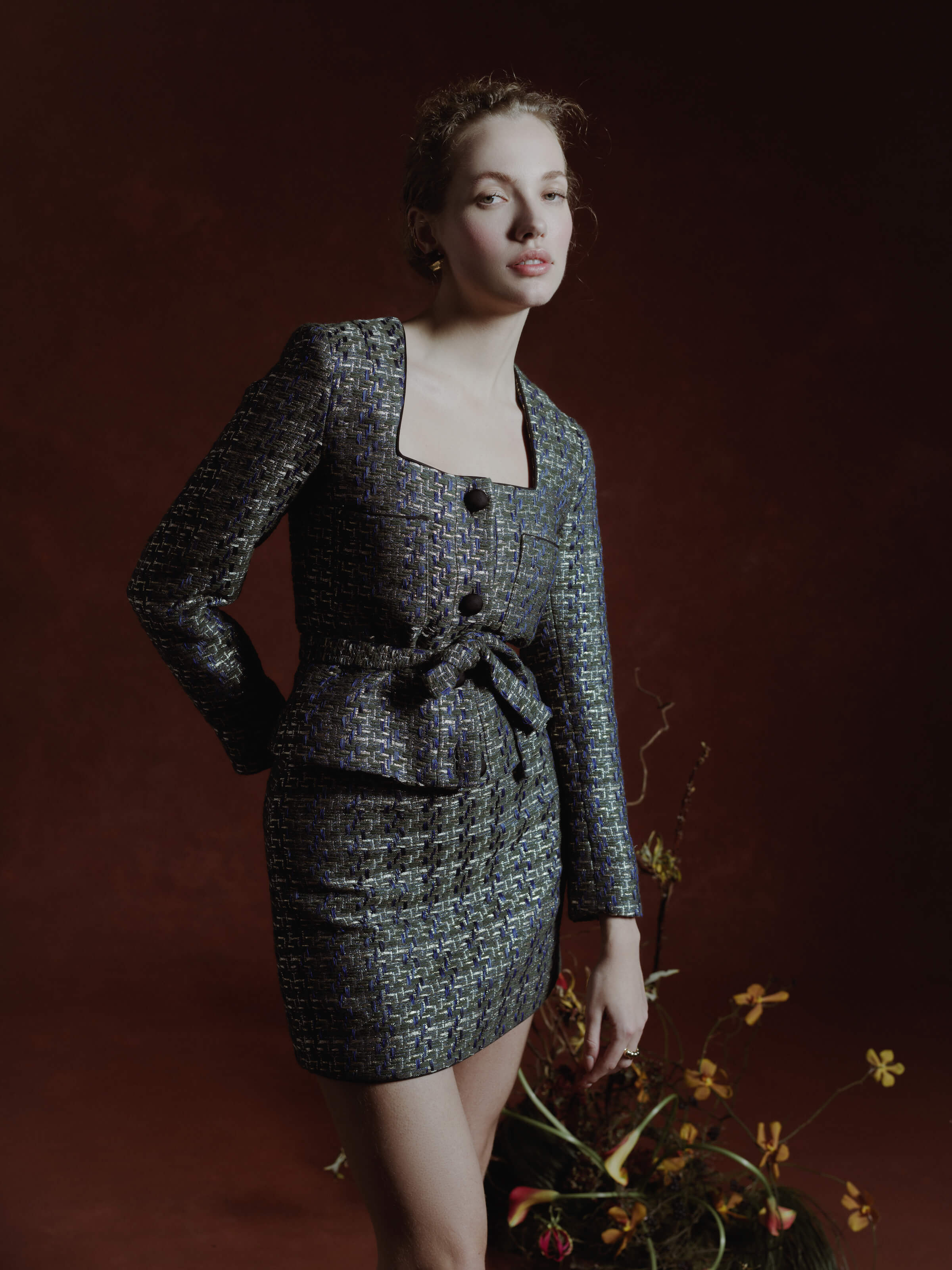 Chital Green, Blue, And Gold Tweed Trapezoid Neckline Jacket With Belt