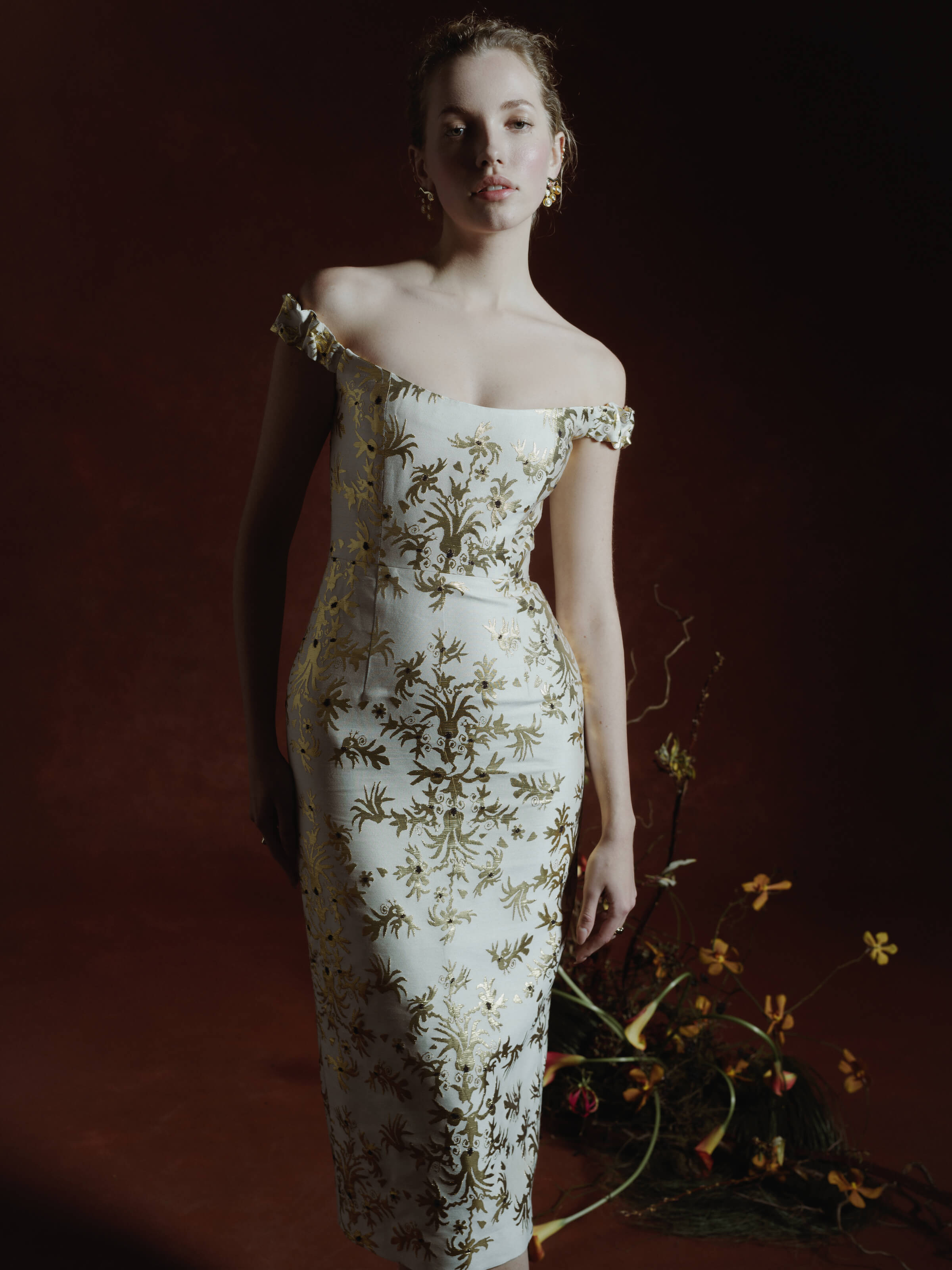 Amina Floral Brocade Off-The-Shoulder Midi Dress