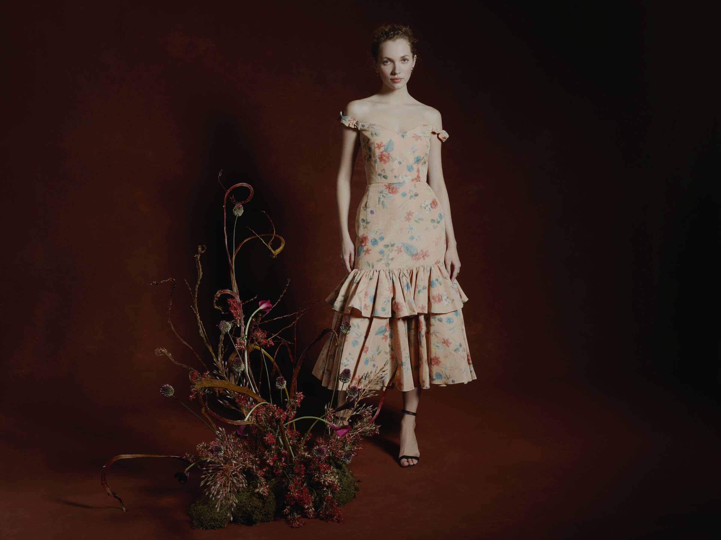 Leona Sherbet Floral Ikat Off-The-Shoulder Ruffled Hem Midi Dress