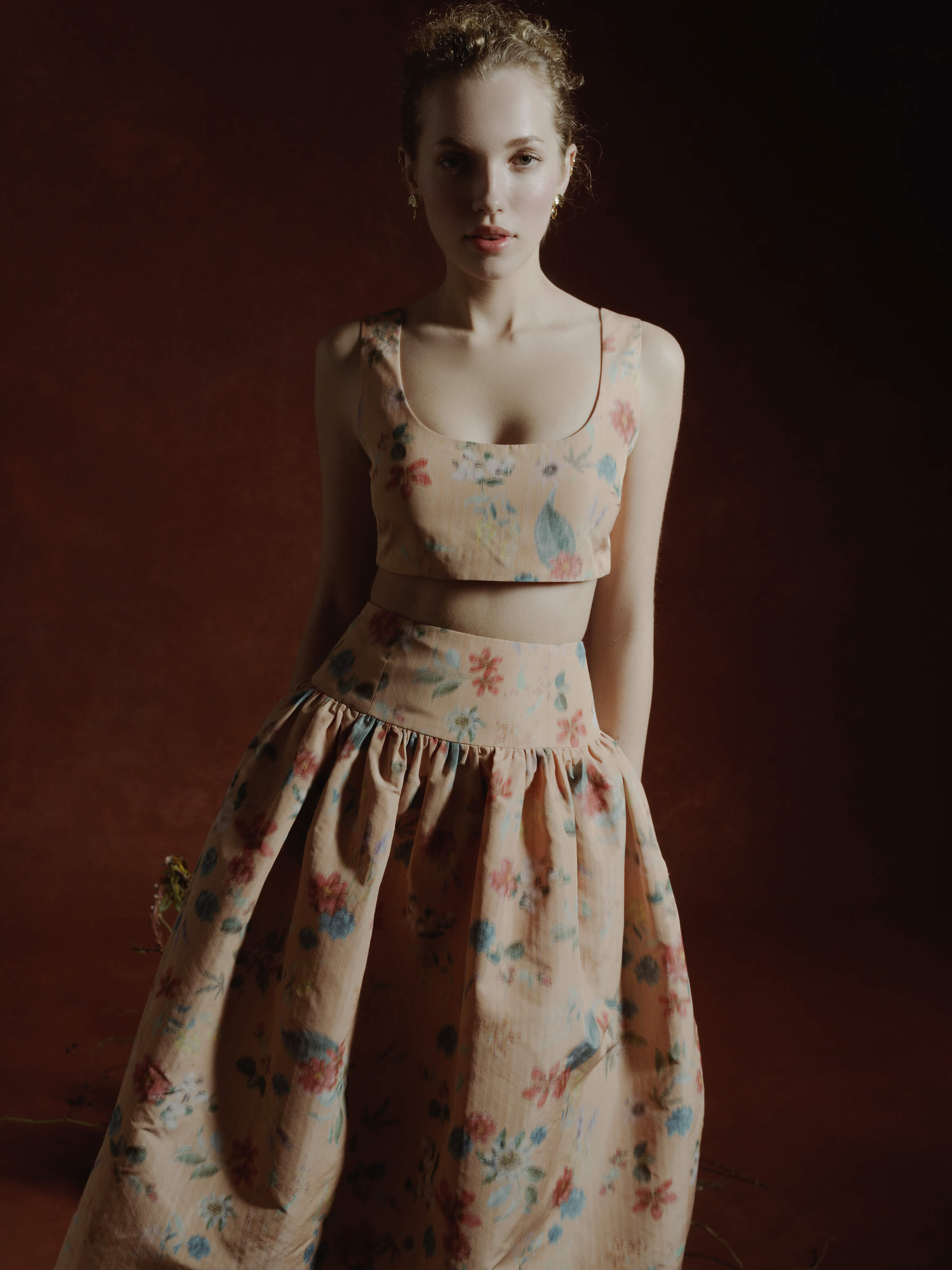 Fawn Sherbet Floral Ikat Drop Waist Midi Skirt