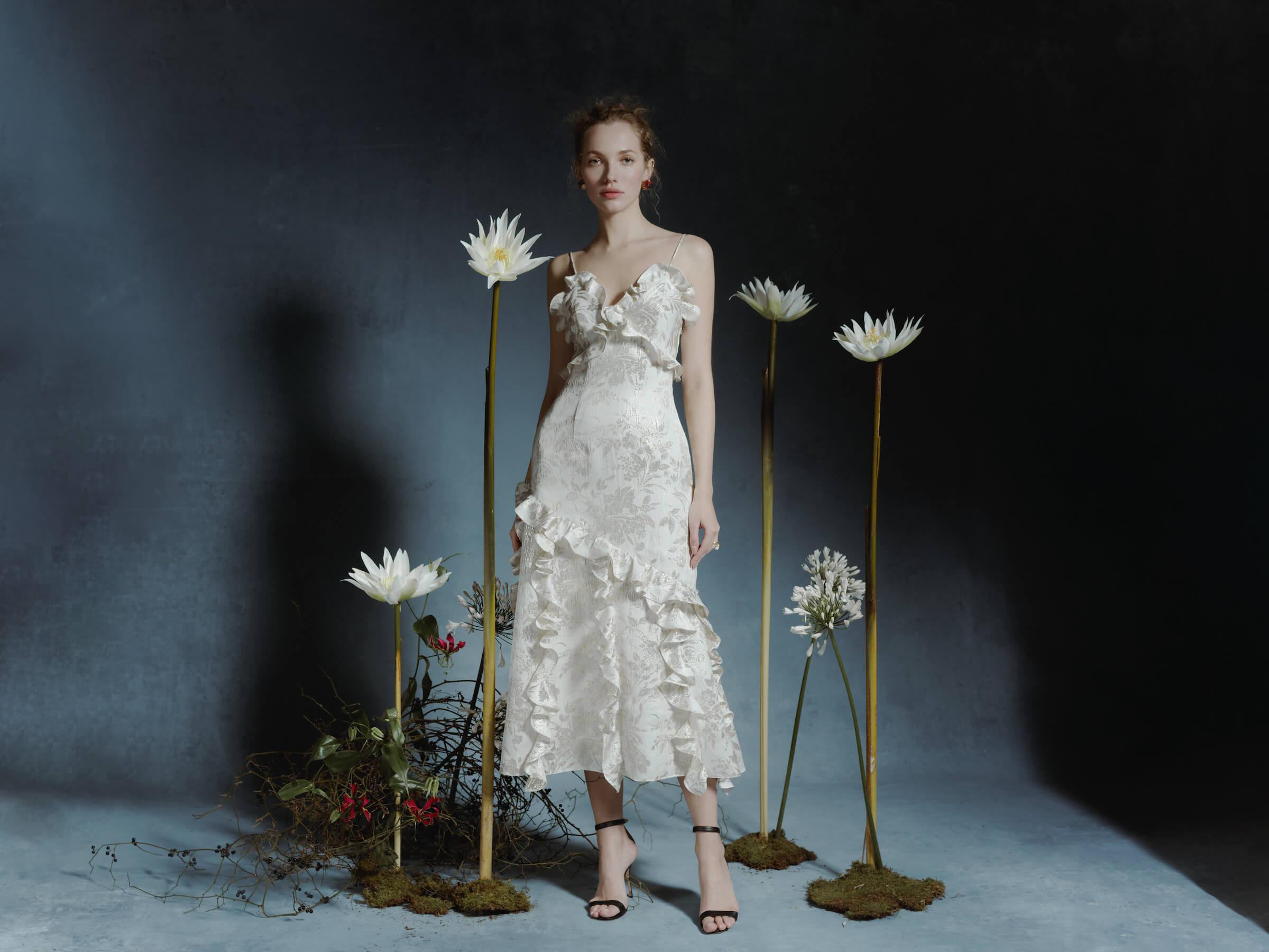 Calandra Off White Metallic Floral Jacquard Ruffled Midi Dress