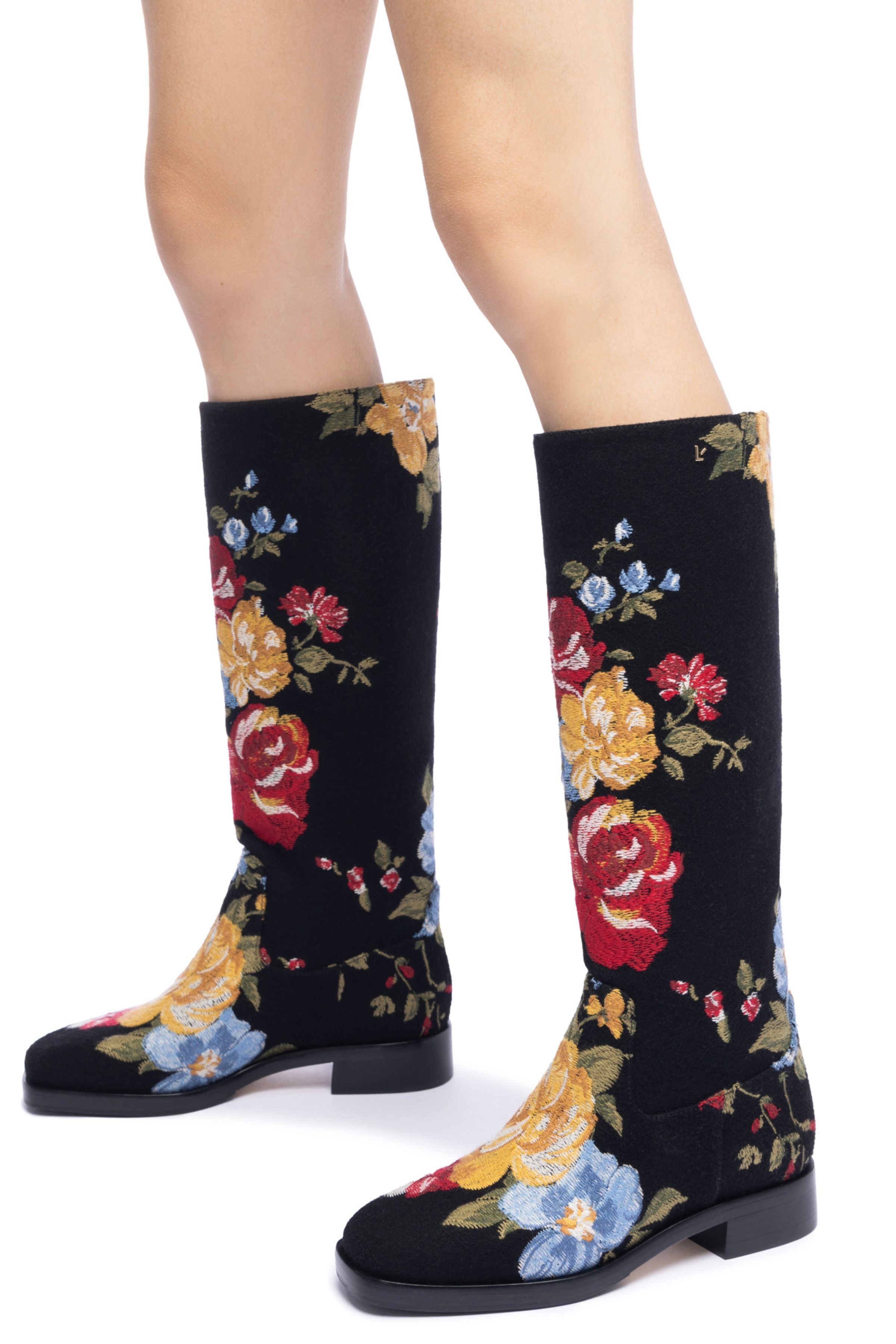 Larroudé x Markarian Flat Boot In Black Wool and Floral Embroidery