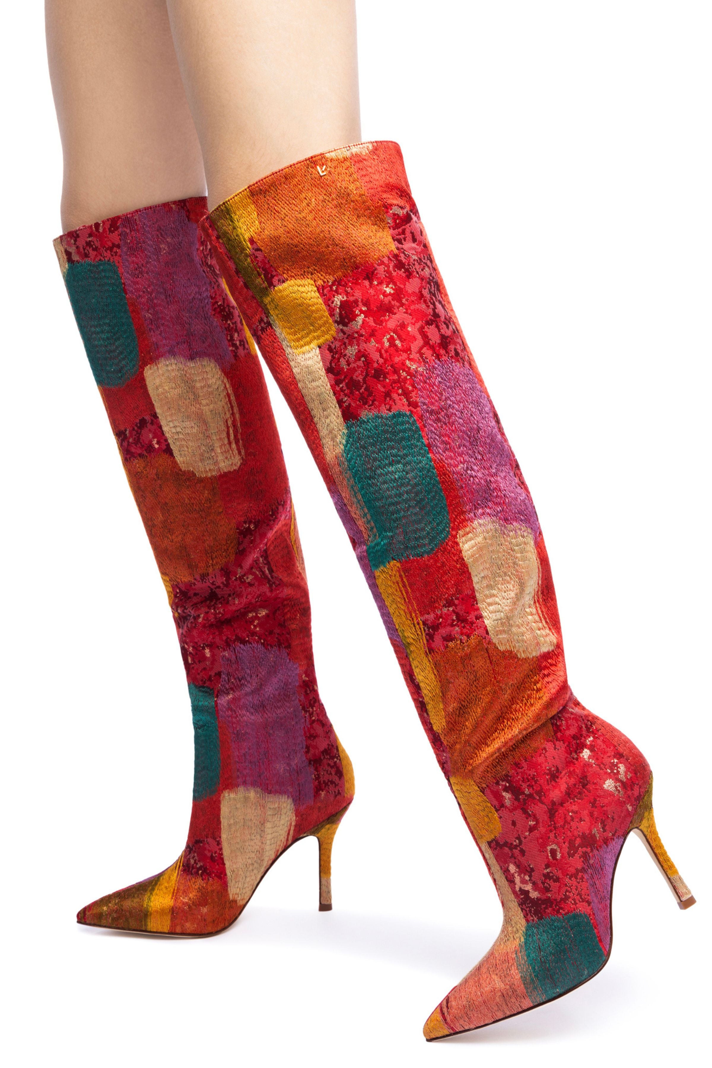 Larroudé x Markarian Boot In Red Patch Work Fabric