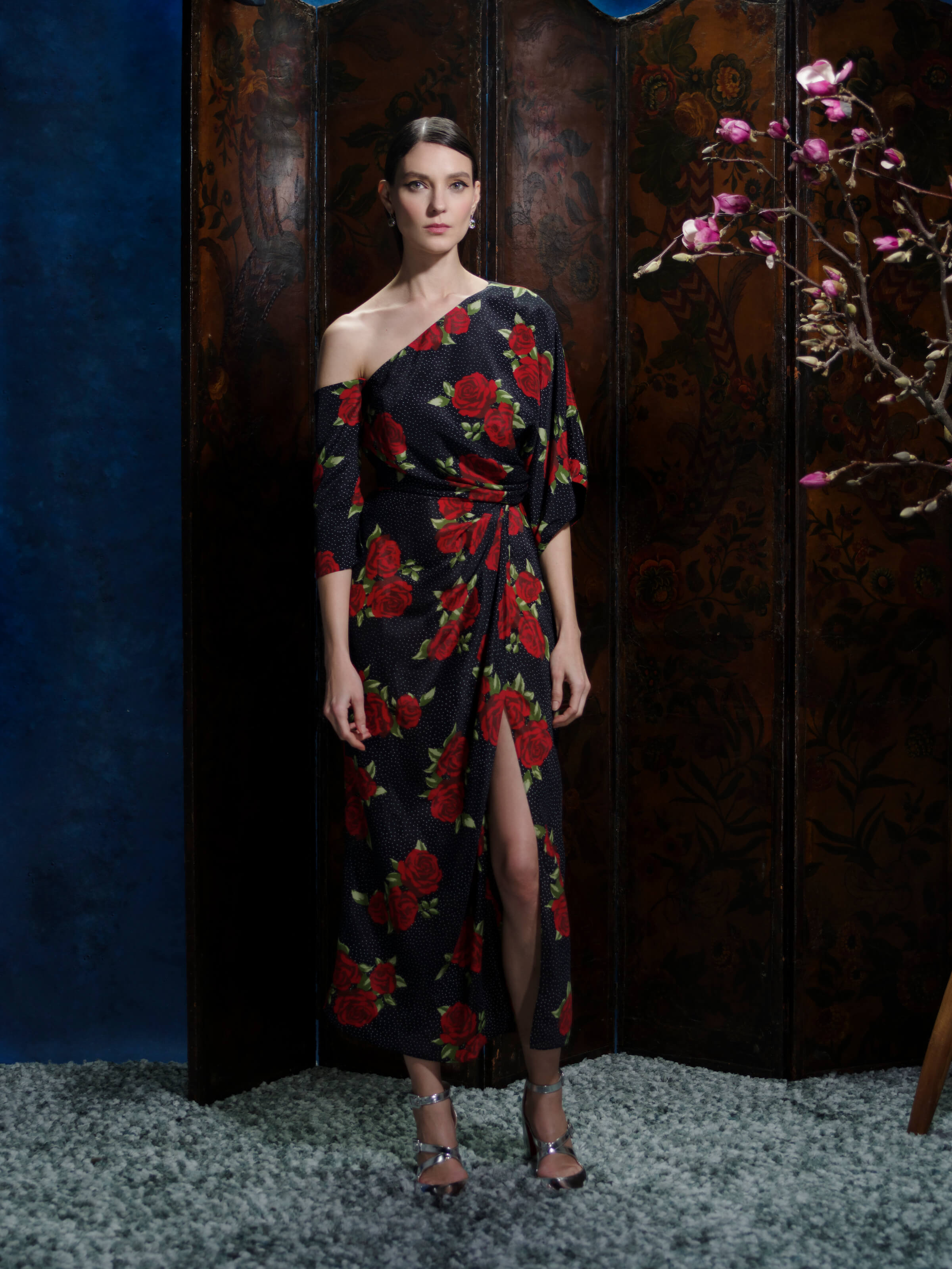 FINAL SALE: Bijou Rose Print Asymmetric Midi Dress
