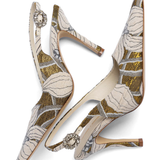 Larroudé by Markarian: Carine Pump Gold Floral Jacquard
