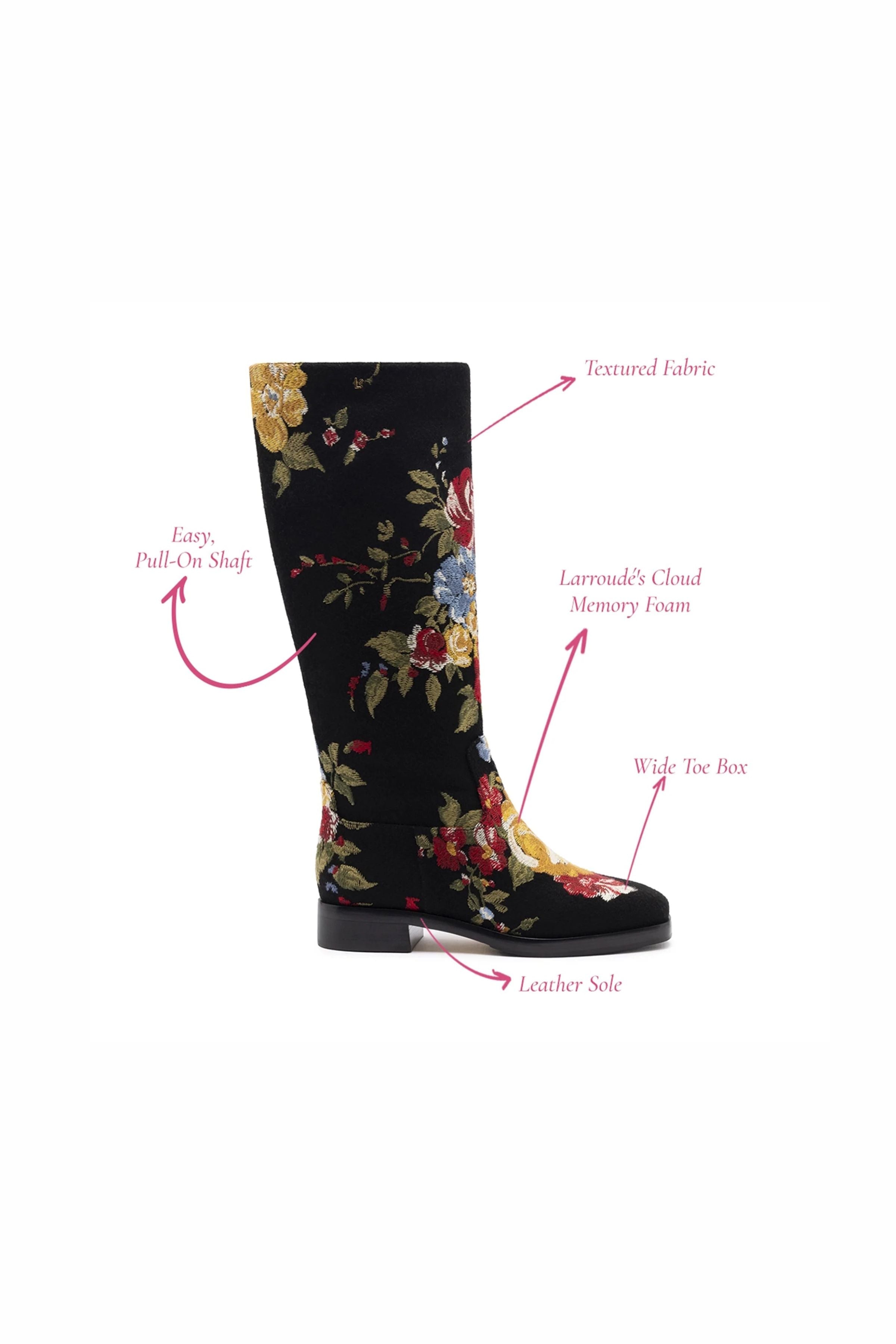 Larroudé x Markarian Flat Boot In Black Wool and Floral Embroidery