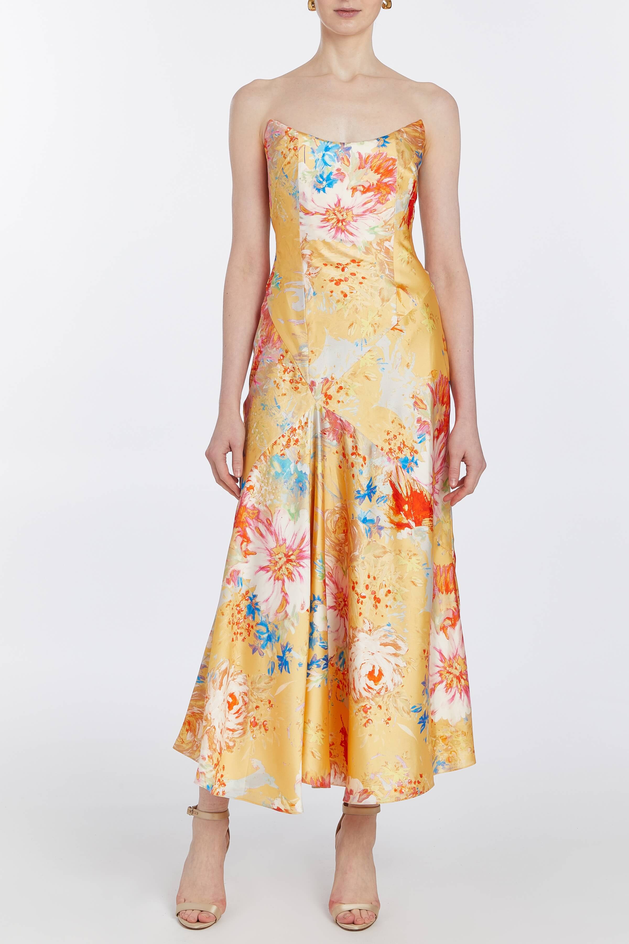 Loretta Yellow Printed Satin Midi Dress