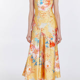 Loretta Yellow Printed Satin Midi Dress