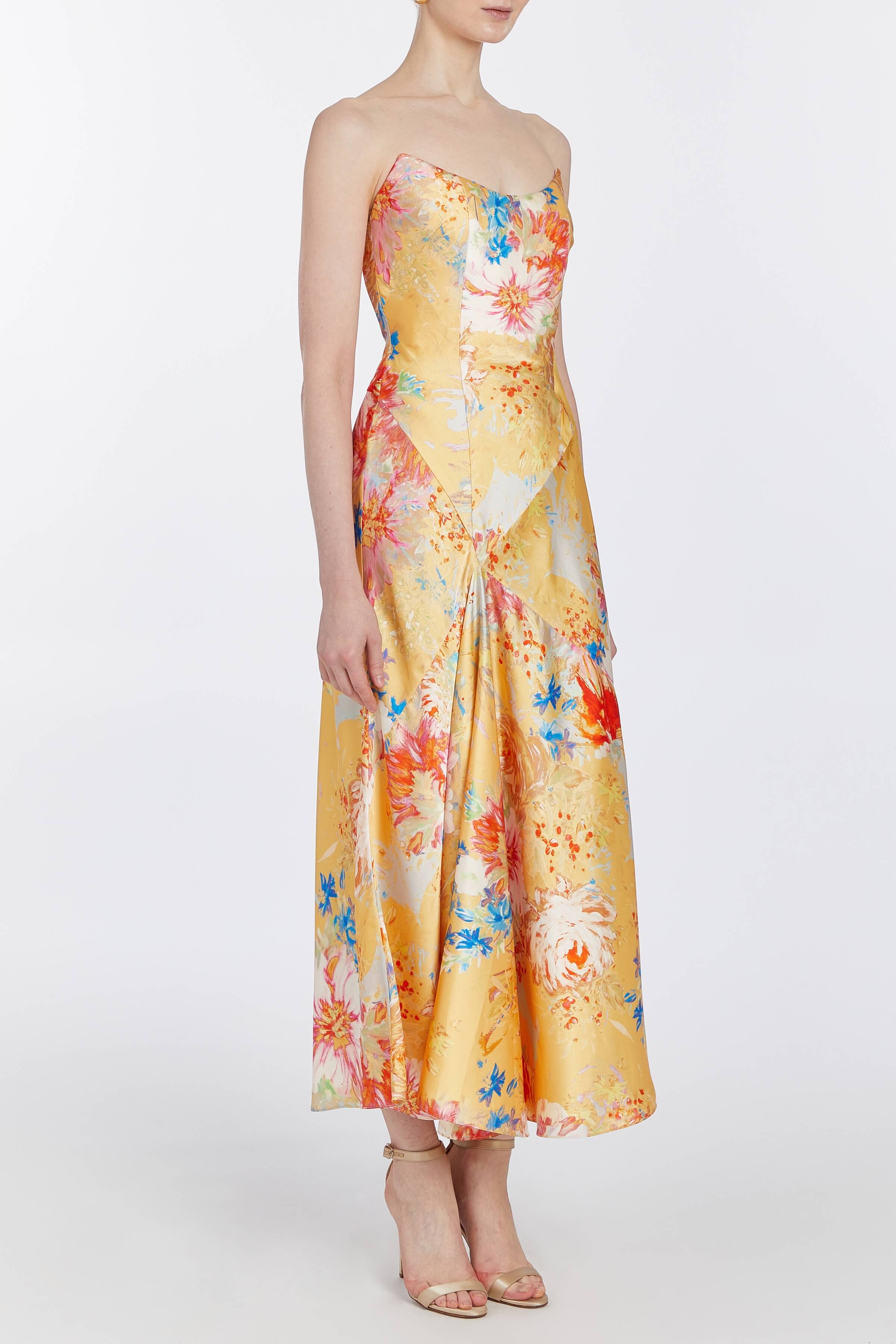 Loretta Yellow Printed Satin Midi Dress