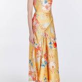Loretta Yellow Printed Satin Midi Dress