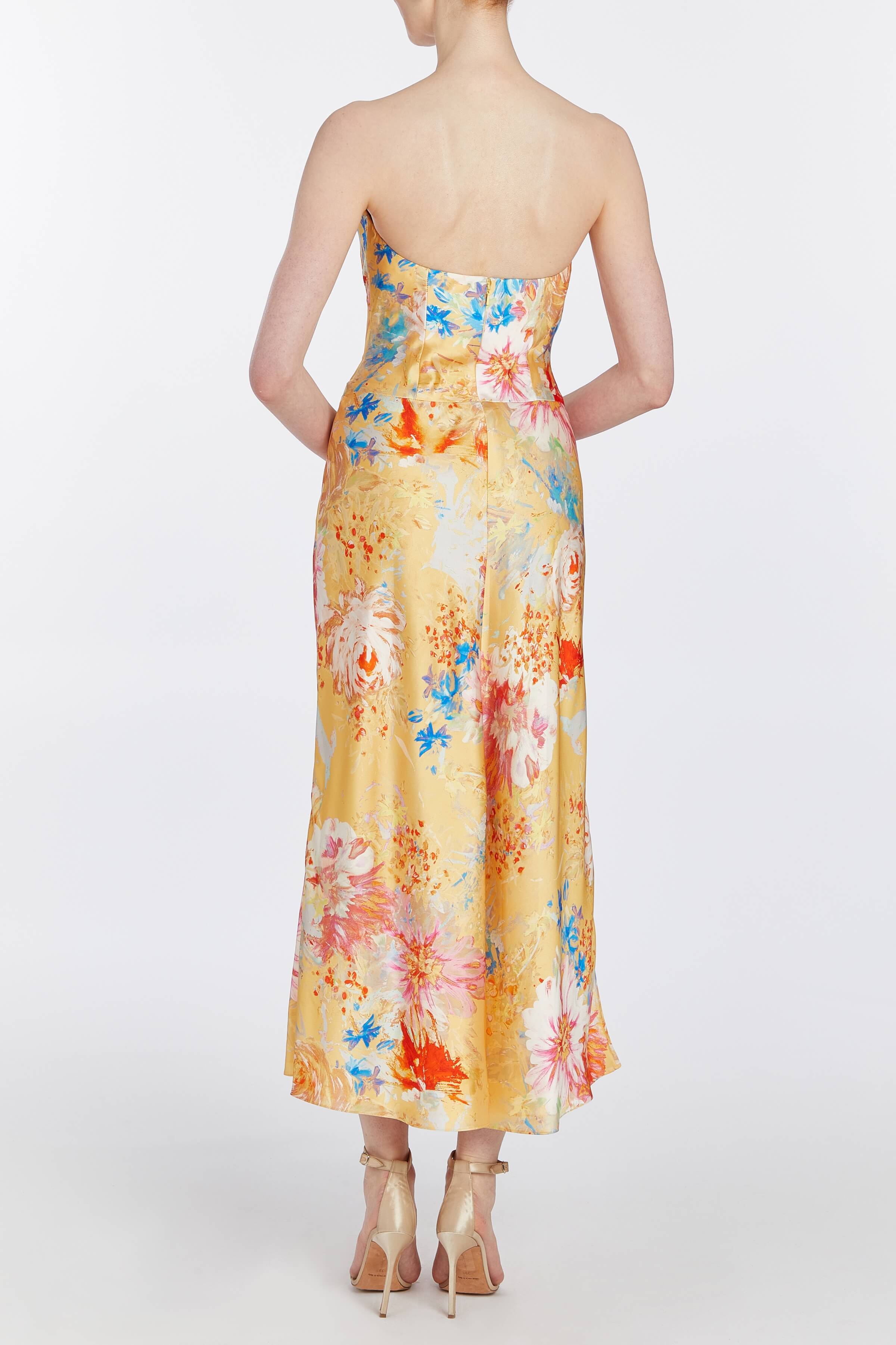 Loretta Yellow Printed Satin Midi Dress