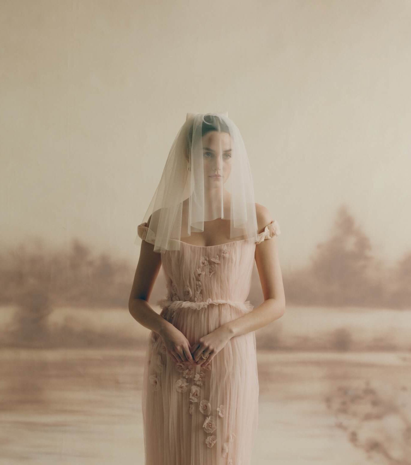 Daisy Blush Pink Shoulder Length Tulle Veil With Bow