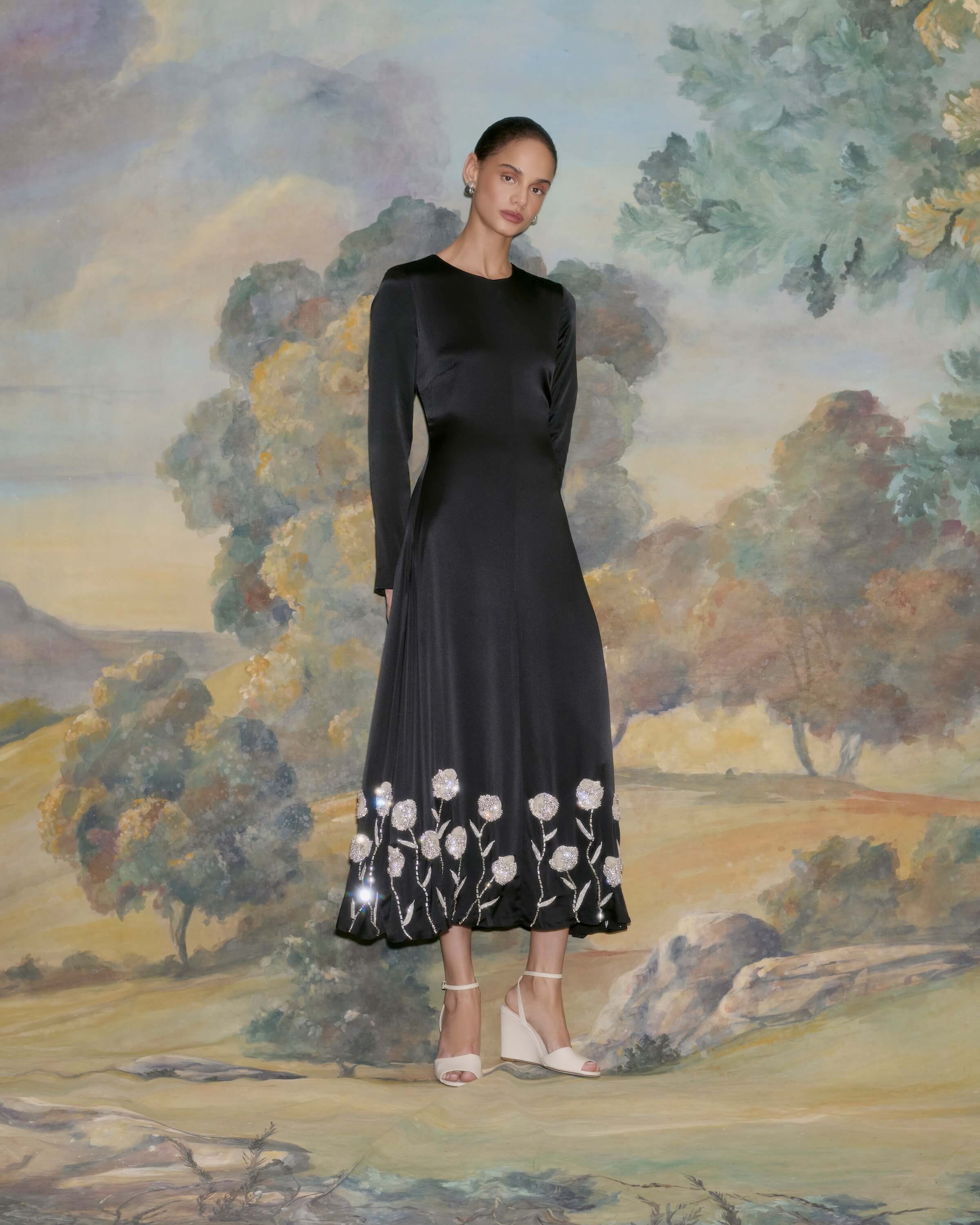 Elsie Black Handbeaded Hem Midi Dress
