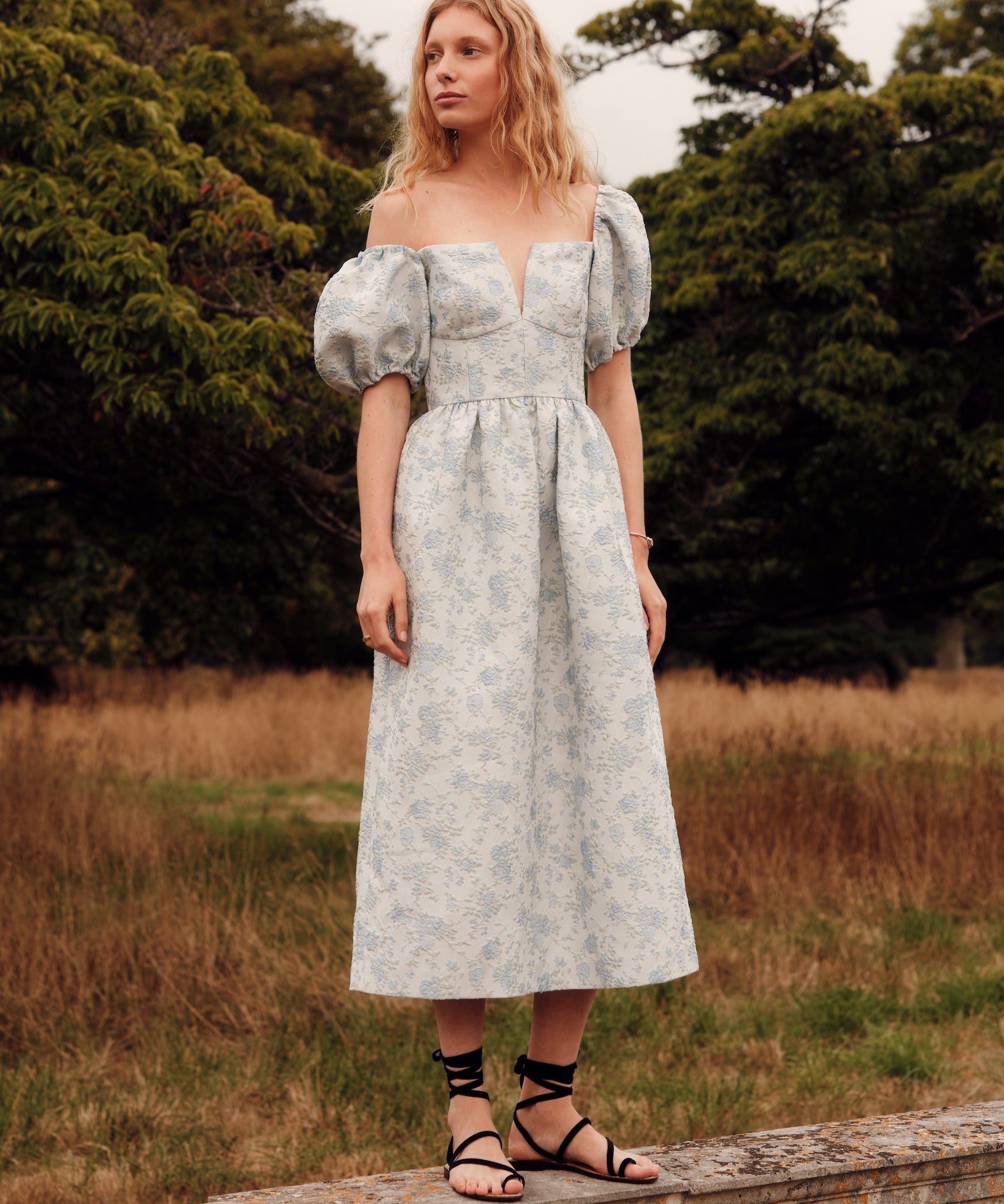 Ria Powder Blue Floral Cloque Midi Skirt Markarian Ria Powder Blue Floral Cloque Midi Skirt Markarian